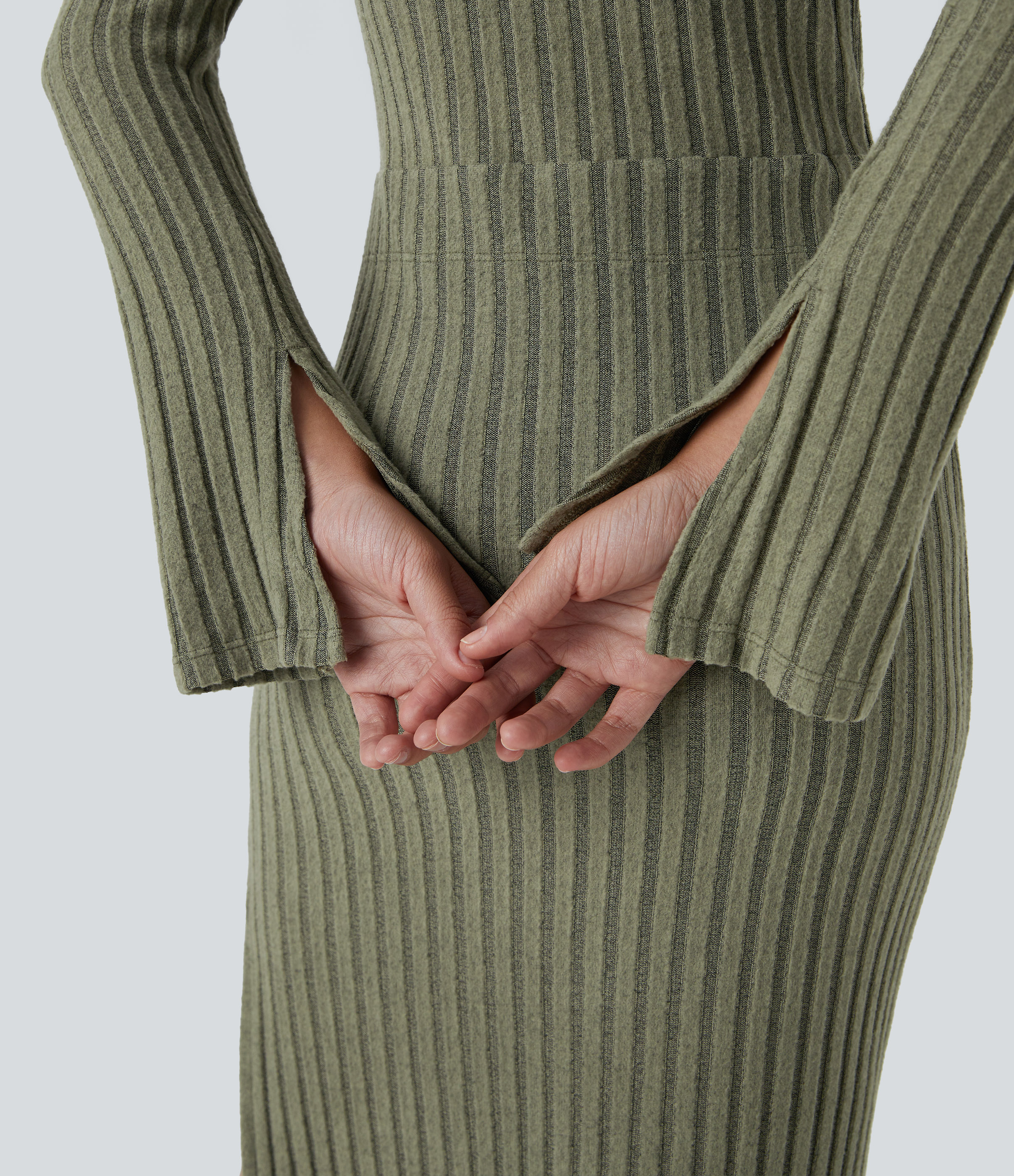 Halara Ribbed Knit Boat Neck Split Flare Long Sleeve Bow Bodycon Midi Casual Dress Casual Dress - Moss Green Floral Velvet - M slip dress 