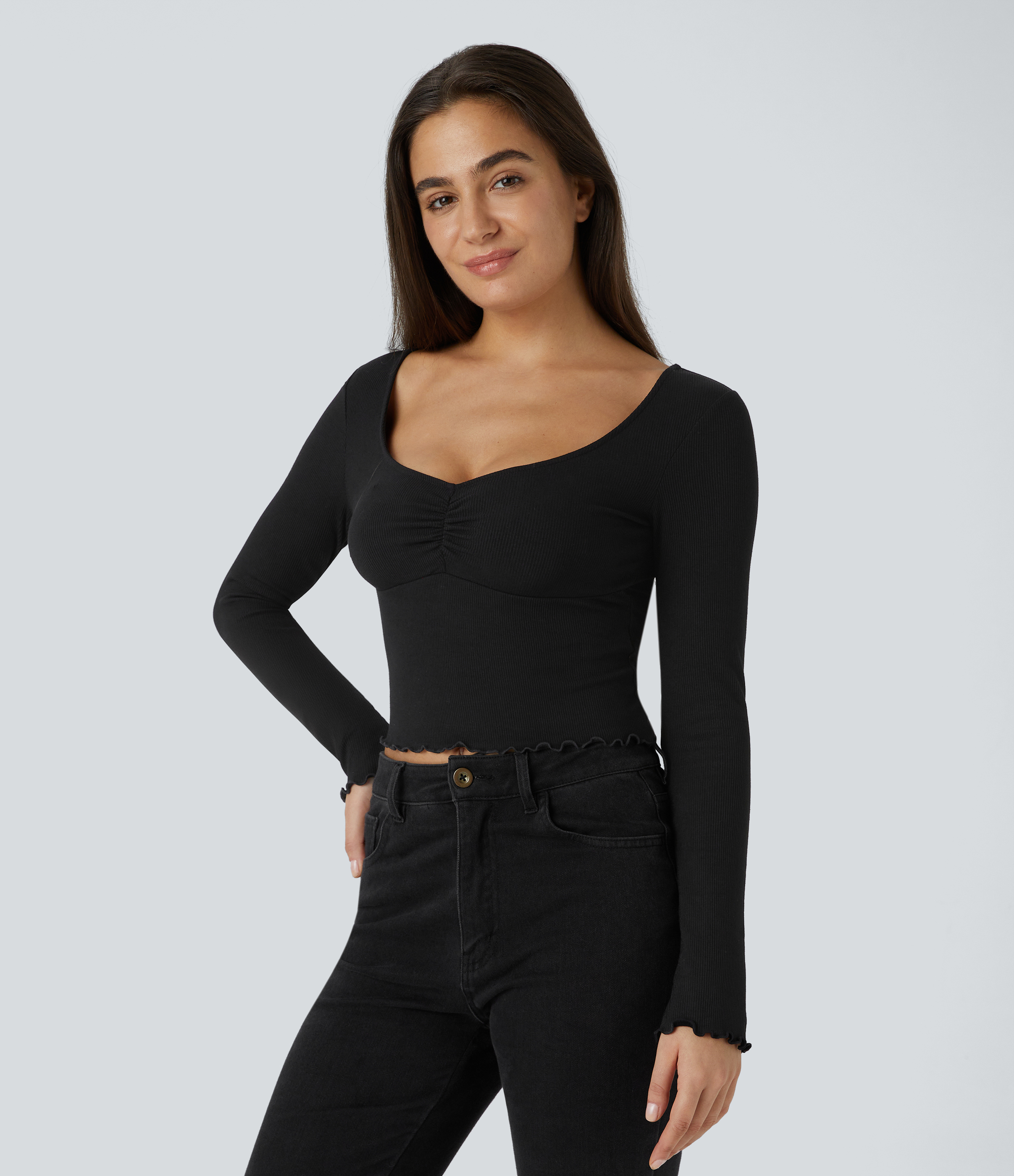 Halara Ribbed Knit Frill Ruched Long Sleeve Cropped Casual Sports Top  - Black - XS 