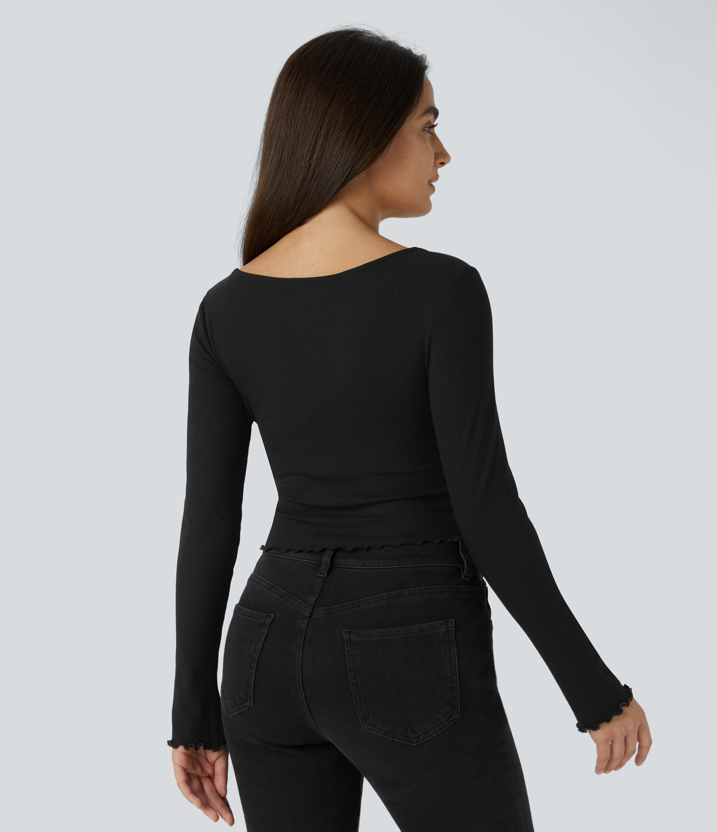 Halara Ribbed Knit Frill Ruched Long Sleeve Cropped Casual Sports Top  - Black - XS 