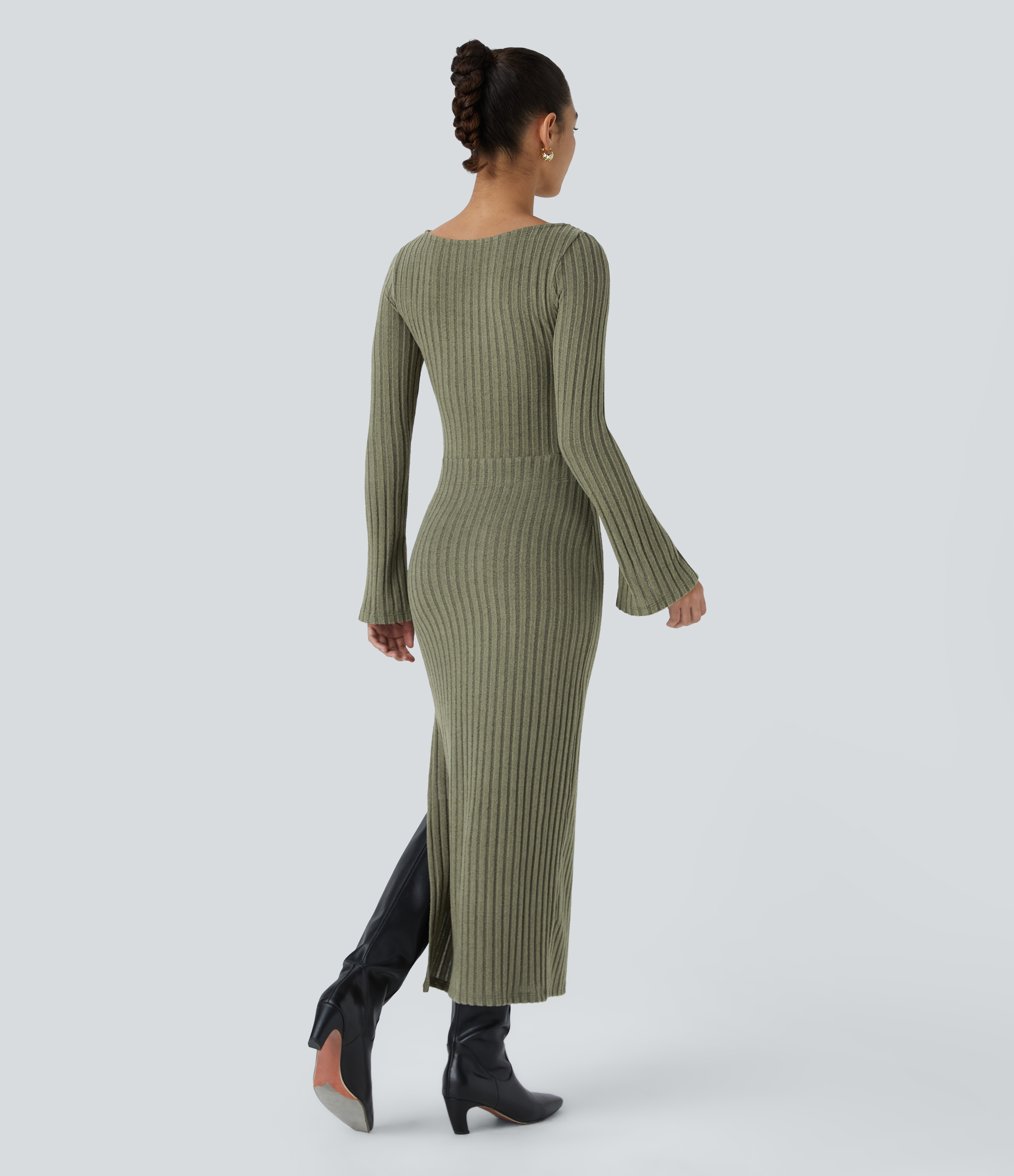 Halara Ribbed Knit Boat Neck Split Flare Long Sleeve Bow Bodycon Midi Casual Dress Casual Dress - Moss Green Floral Velvet - M slip dress 