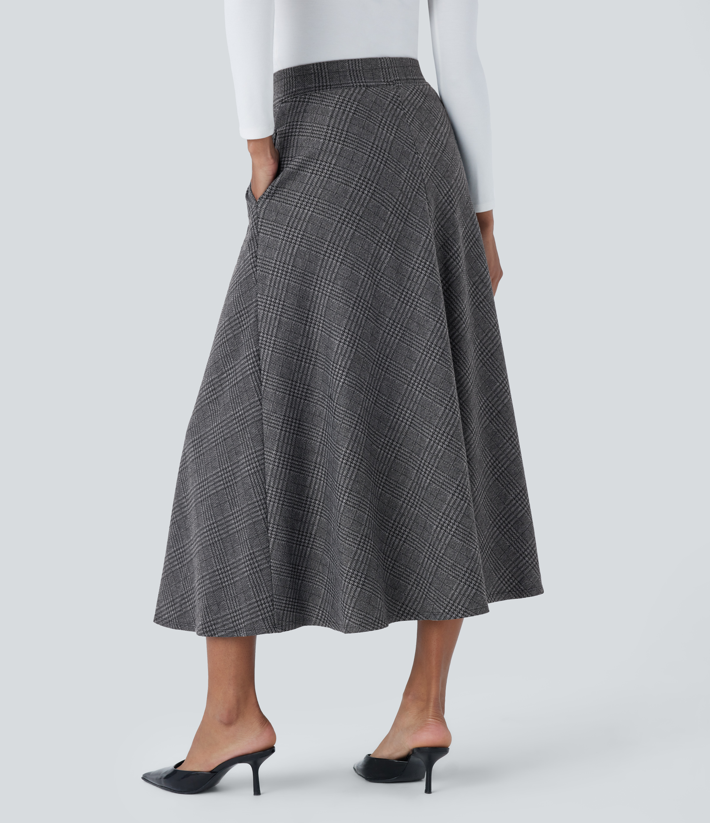 Halara High Waisted Side Pocket Houndstooth Plaid Flare Midi Casual Skirt  - Charcoal Black Houndstooth Plaid - M(regular) 