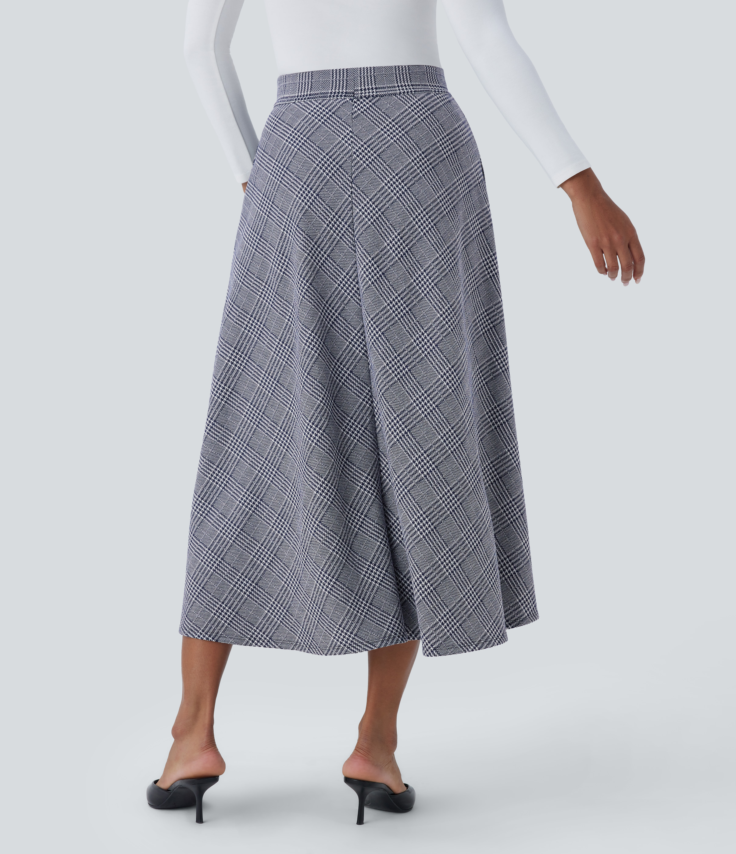 Halara High Waisted Side Pocket Houndstooth Plaid Flare Midi Casual Skirt  - Navy Blue Houndstooth Plaid - XS(regular) 