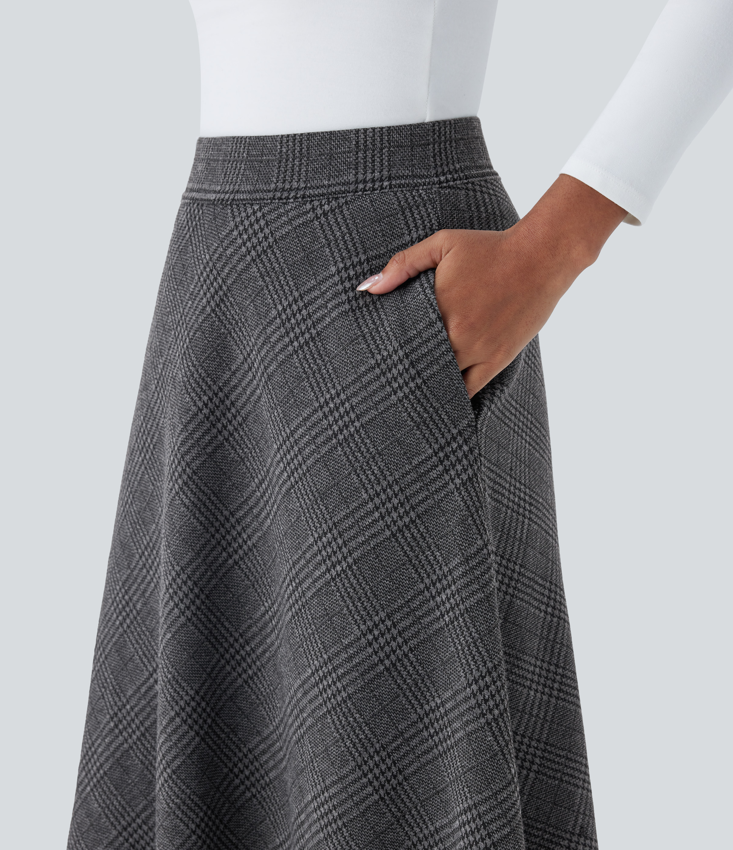 Halara High Waisted Side Pocket Houndstooth Plaid Flare Midi Casual Skirt  - Charcoal Black Houndstooth Plaid - M(regular) 