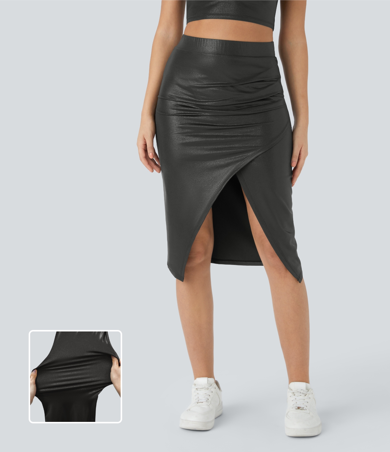 Halara Softlyzeroв„ў Faux Leather Ruched Split Hem Foil Print Stretchy Bodycon Midi Casual Skirt  - Shiny Dusk Black - XL 
