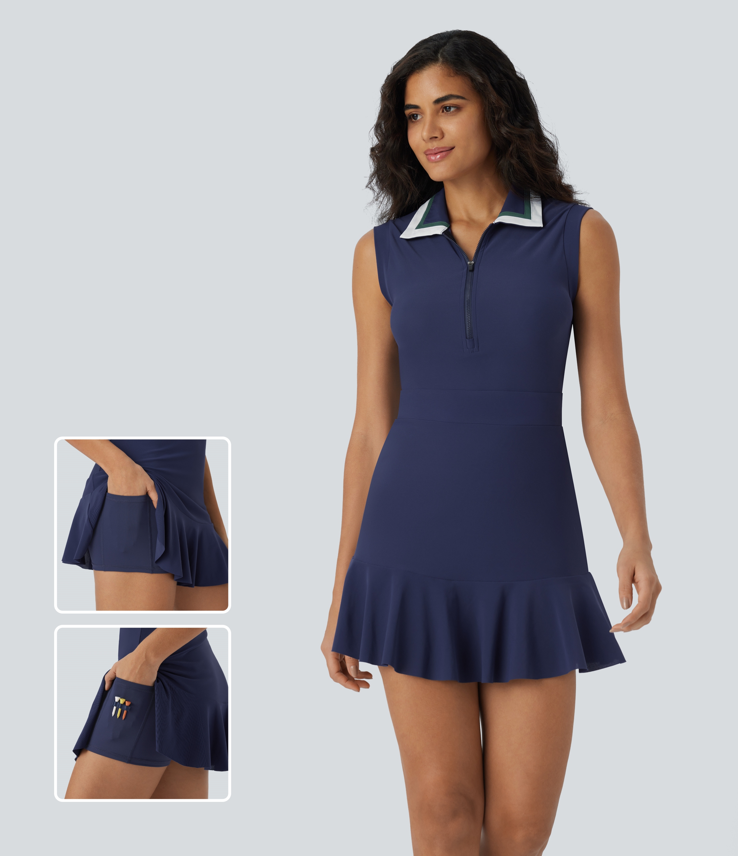 Halara Collar Zipper 2-Piece Pocket Cool Touch Mini Golf Active Dress-Golf Tee Pocket Workout Dress - Midnight Sail - XL 