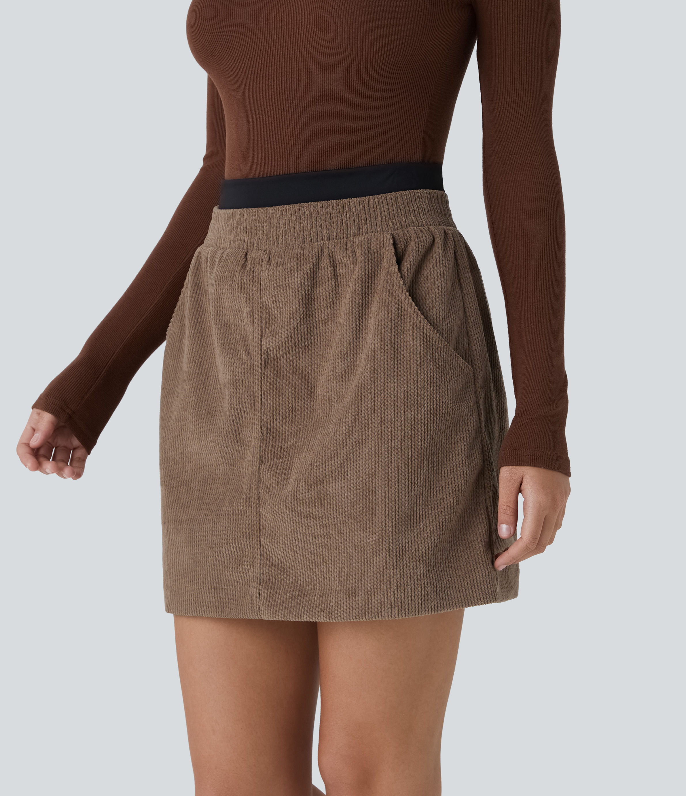 Halara SoCinched High Waisted Tummy Control Side Pocket 2-in-1 Mini Corduroy Casual Skirt  - Acorn - S(regular) 