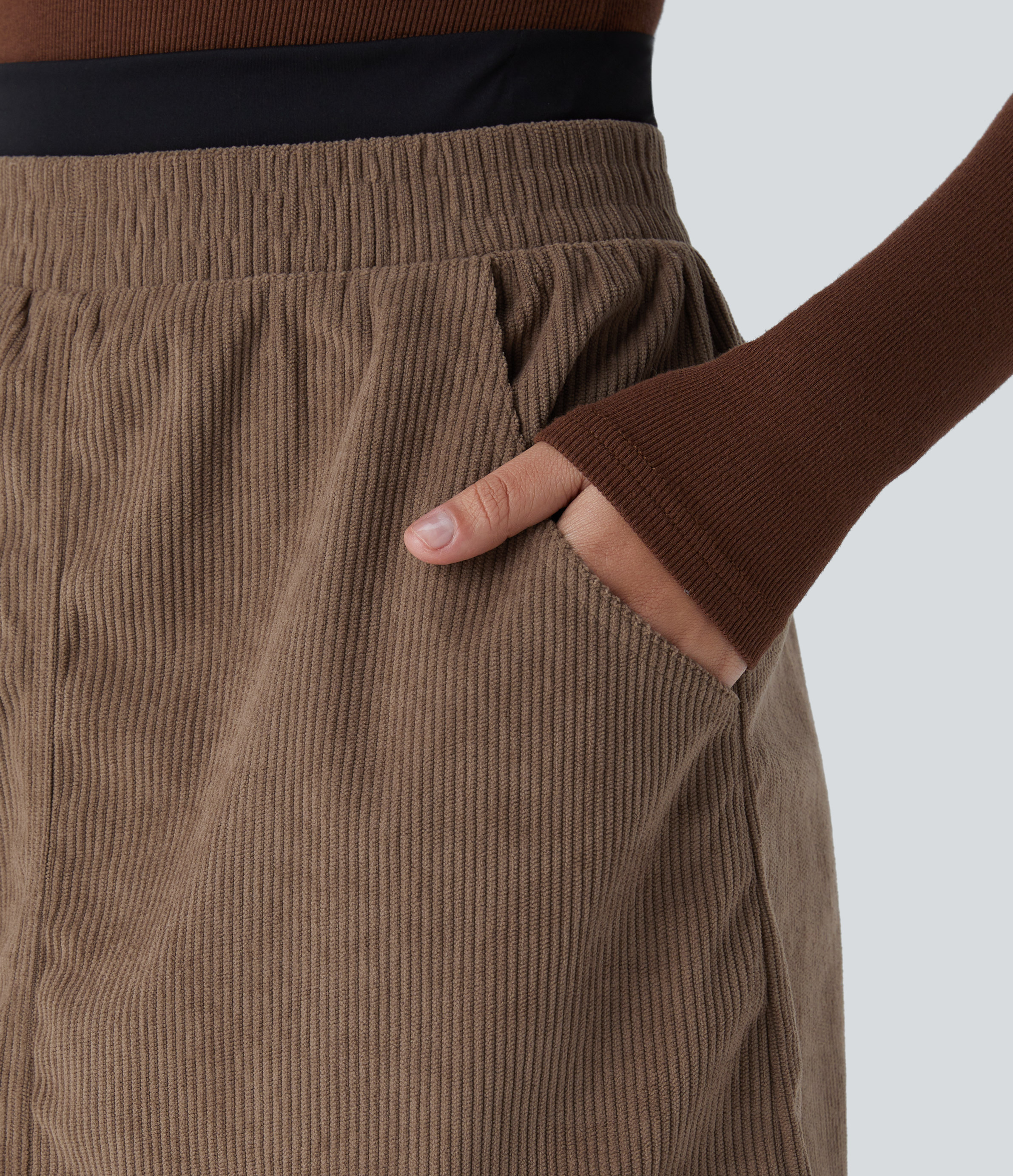 Halara SoCinched High Waisted Tummy Control Side Pocket 2-in-1 Mini Corduroy Casual Skirt  - Acorn - S(regular) 