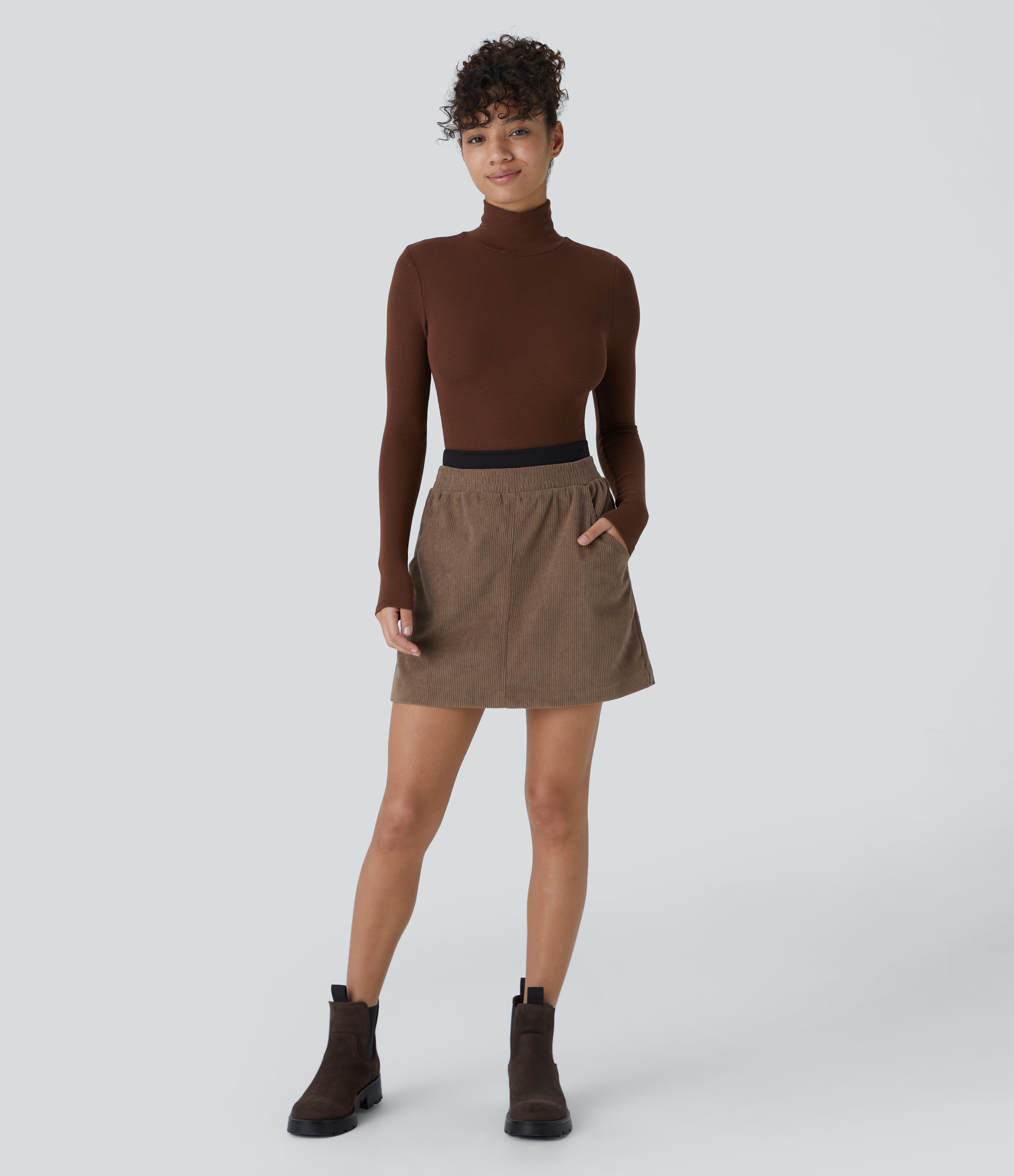 Halara SoCinched High Waisted Tummy Control Side Pocket 2-in-1 Mini Corduroy Casual Skirt  - Acorn - S(regular) 