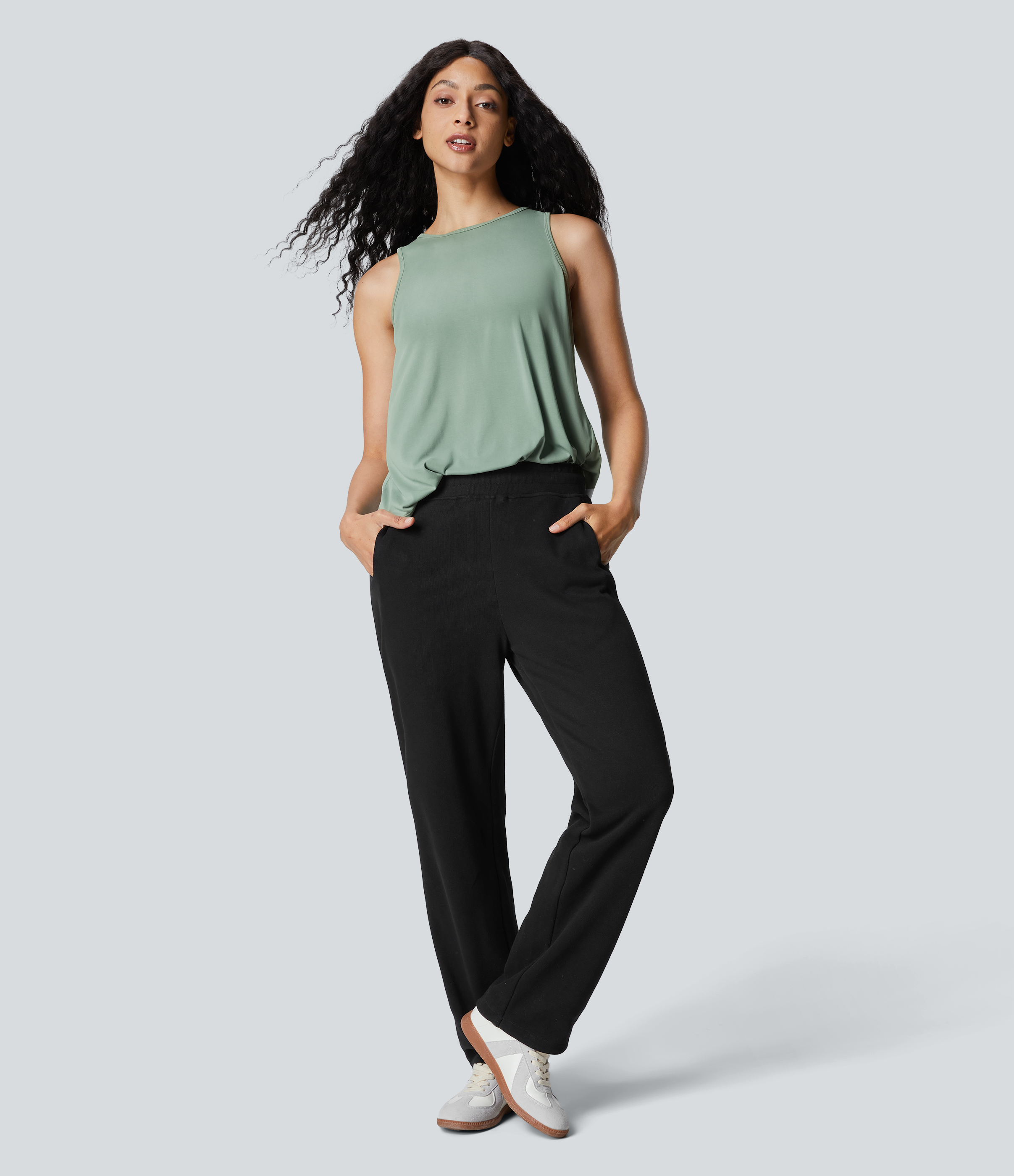 Halara Crisscross Back Curved Hem Casual Tank Top Tank Top - Delicate Green - XS golf tops halter top tunic tops sleeveless tops backless top 