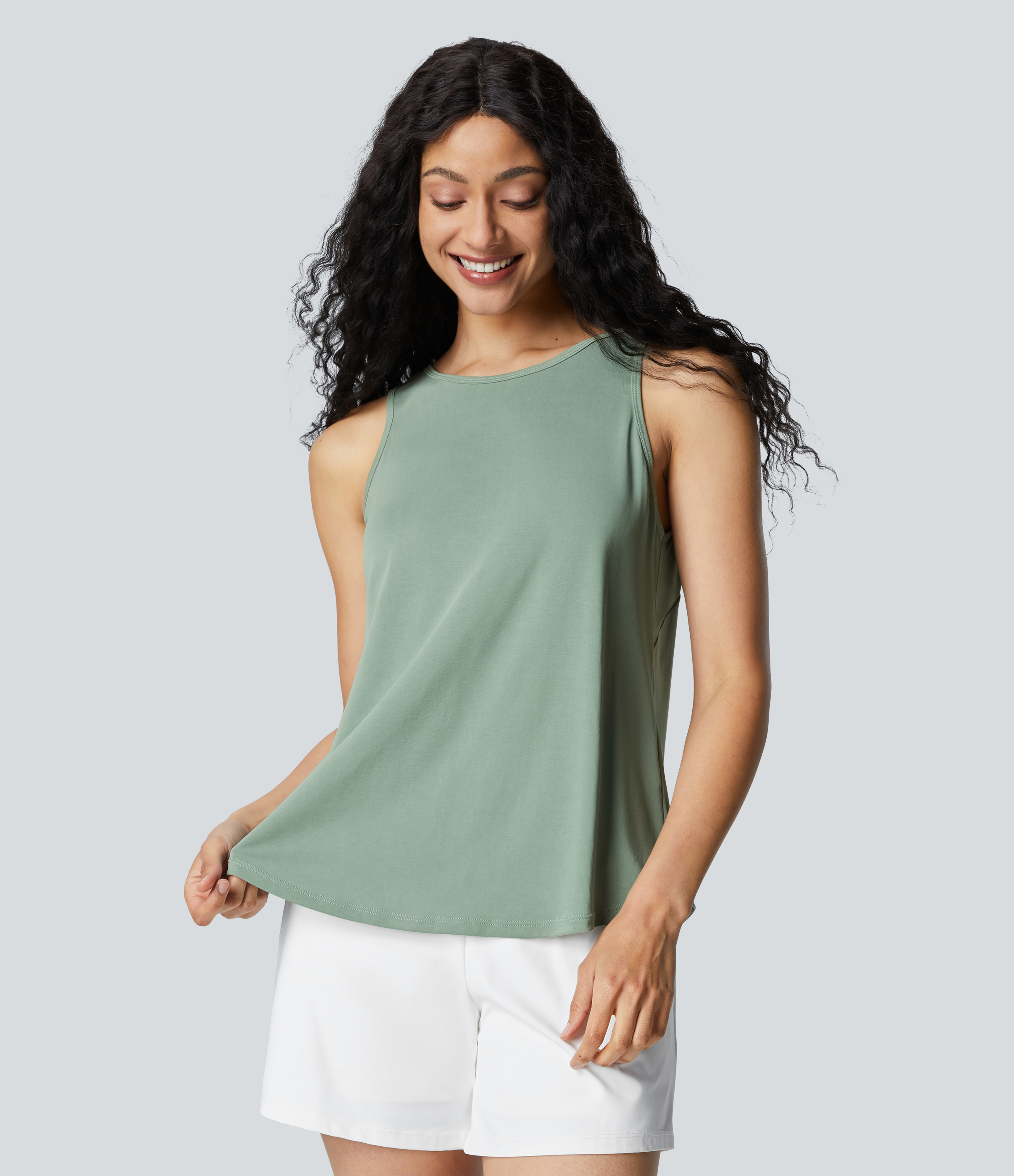 Halara Crisscross Back Curved Hem Casual Tank Top Tank Top - Delicate Green - XS golf tops halter top tunic tops sleeveless tops backless top 