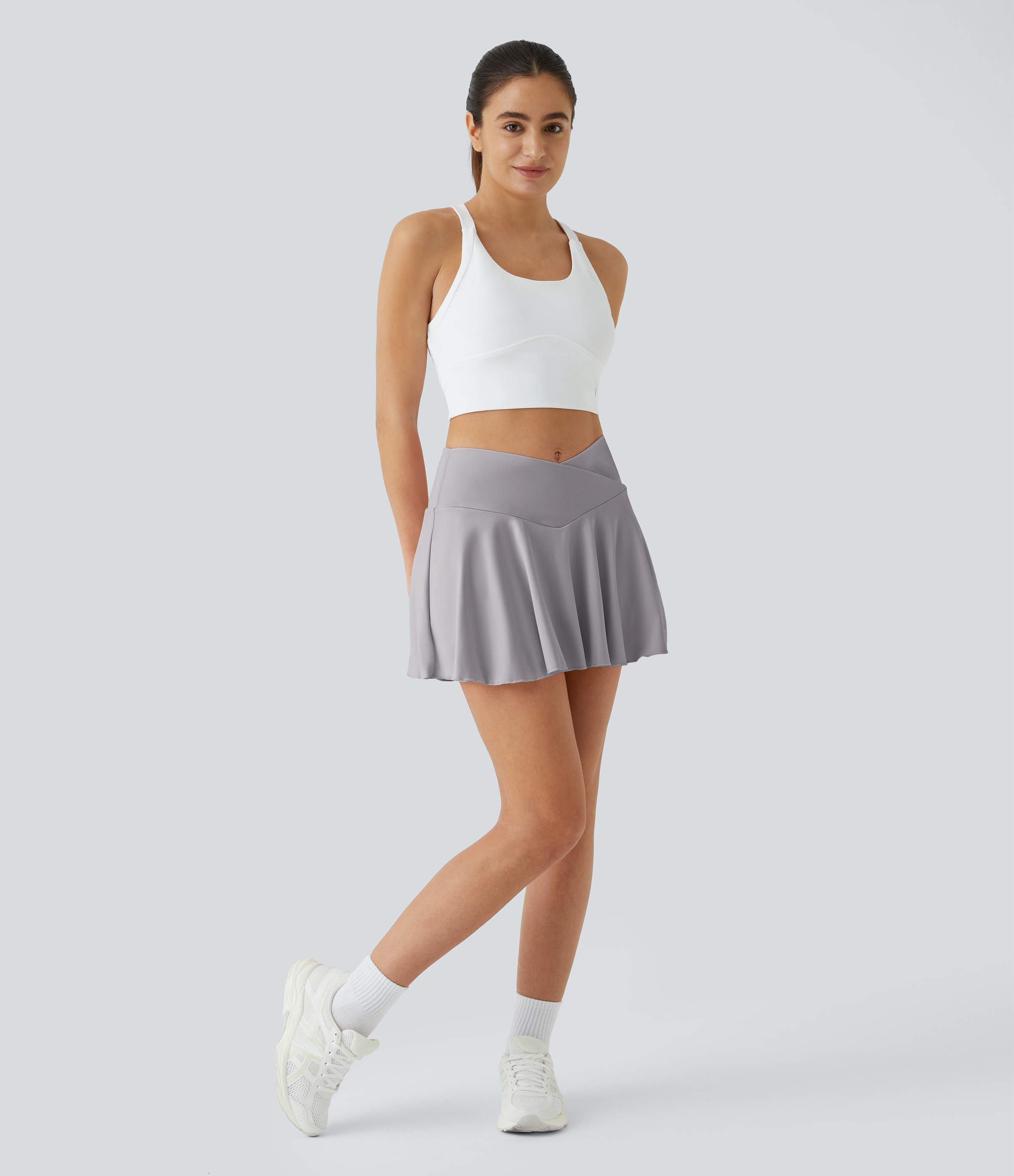 Halara Softlyzeroв„ў Airy Comfy High Waisted Crossover 2-in-1 Side Pocket Flare Cool Touch Tennis Skirt  - Steel Gray - XS 