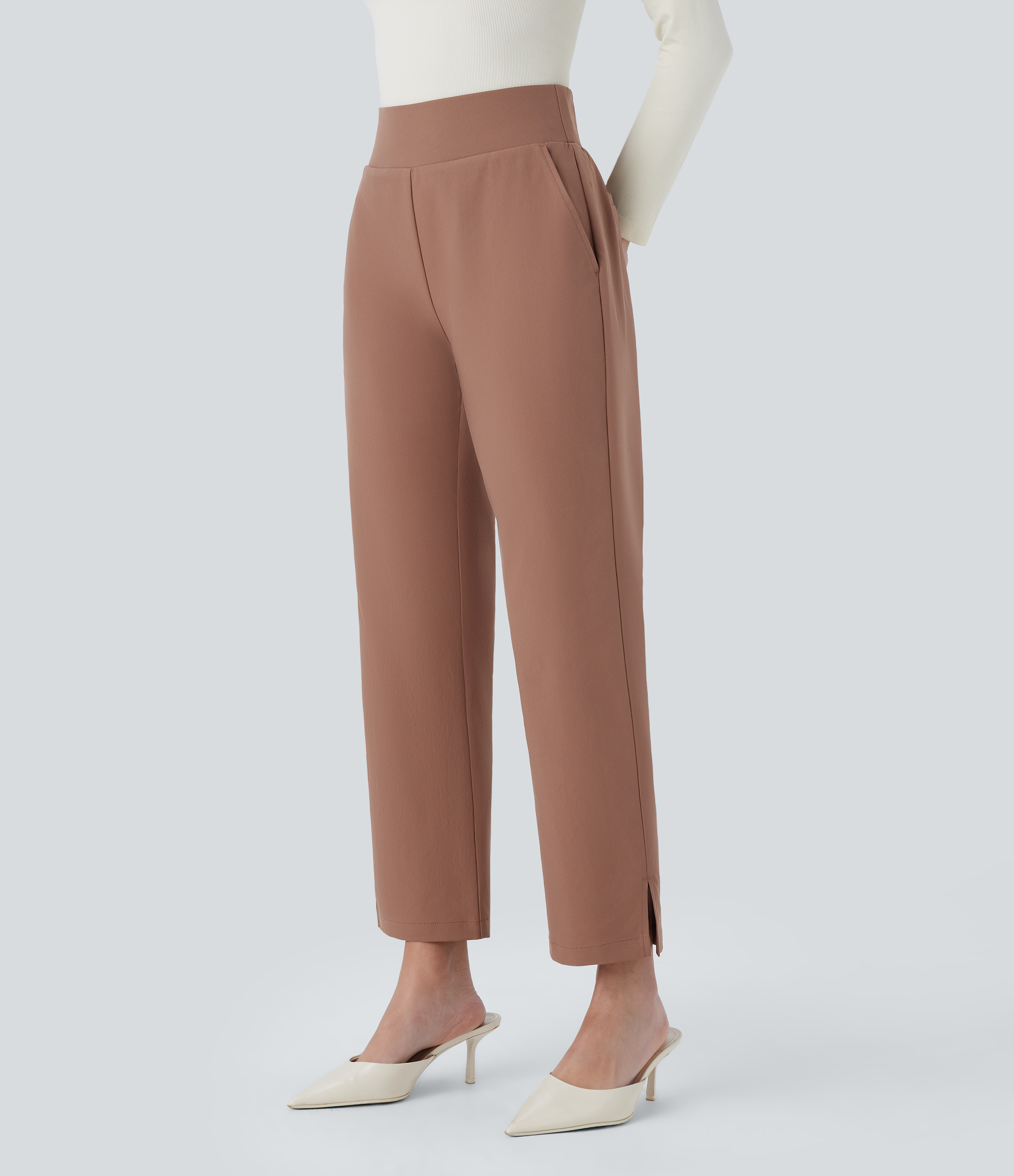 Halara Mid High Waisted Invisible Zipper Side Pocket Split Twill Work Pants  - Clove - XL(regular) sweatpants jogger pants stacked sweatpants 