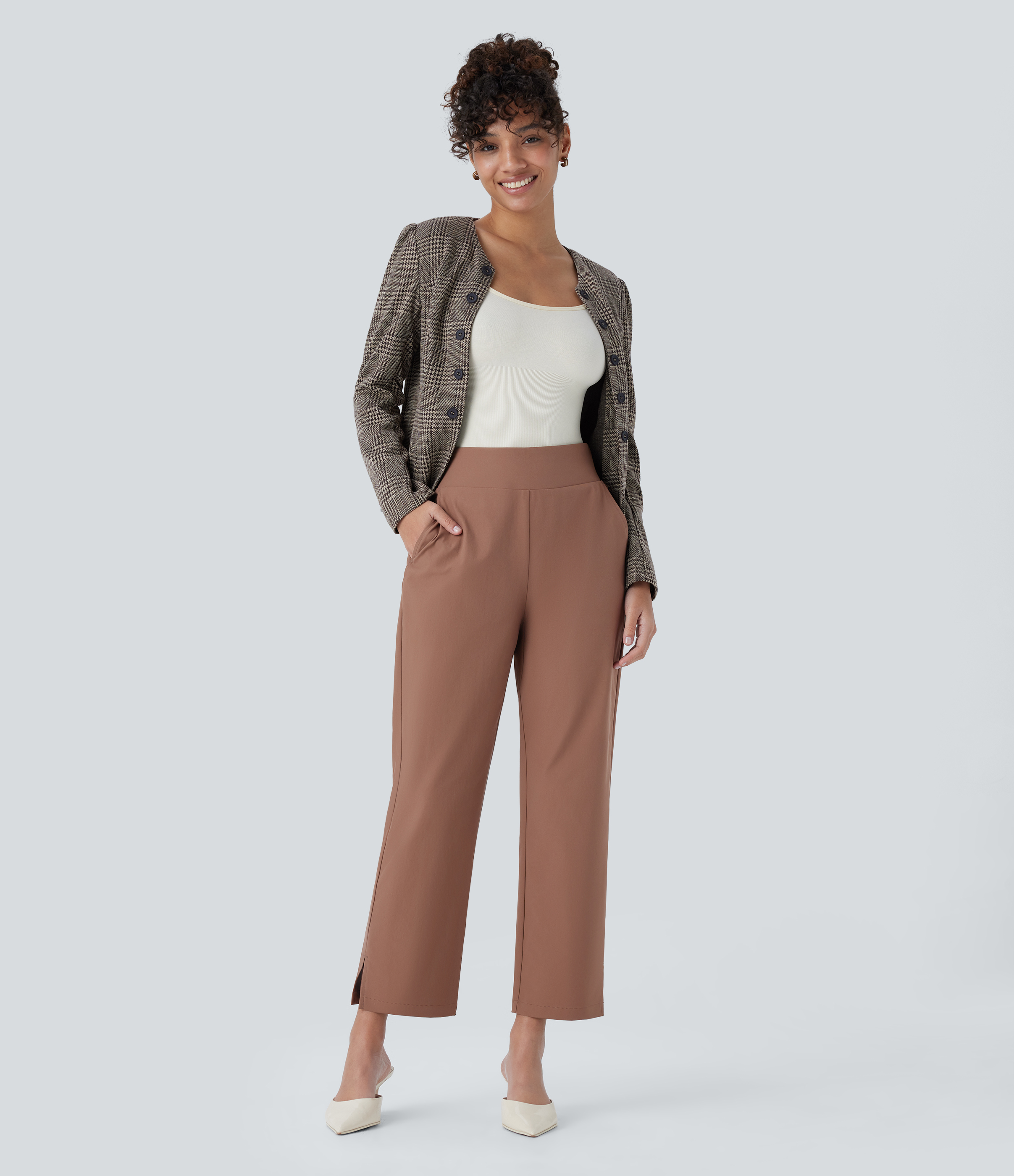 Halara Mid High Waisted Invisible Zipper Side Pocket Split Twill Work Pants  - Clove - XL(regular) sweatpants jogger pants stacked sweatpants 