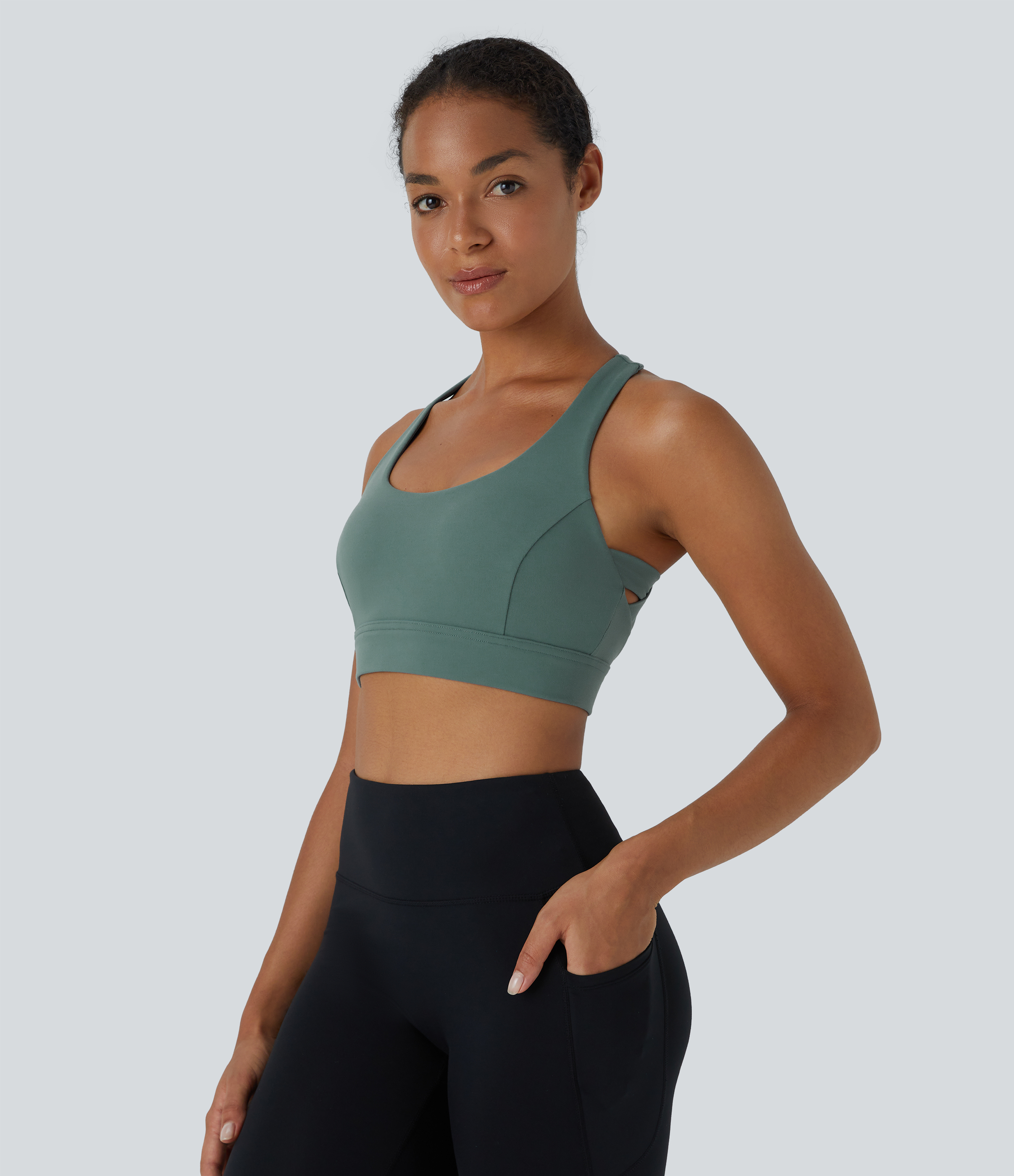 Halara Low Support Backless Racerback Crisscross Yoga Sports Bra  - Chinois Green - S push up bra strapless bra backless bra sticky bra 