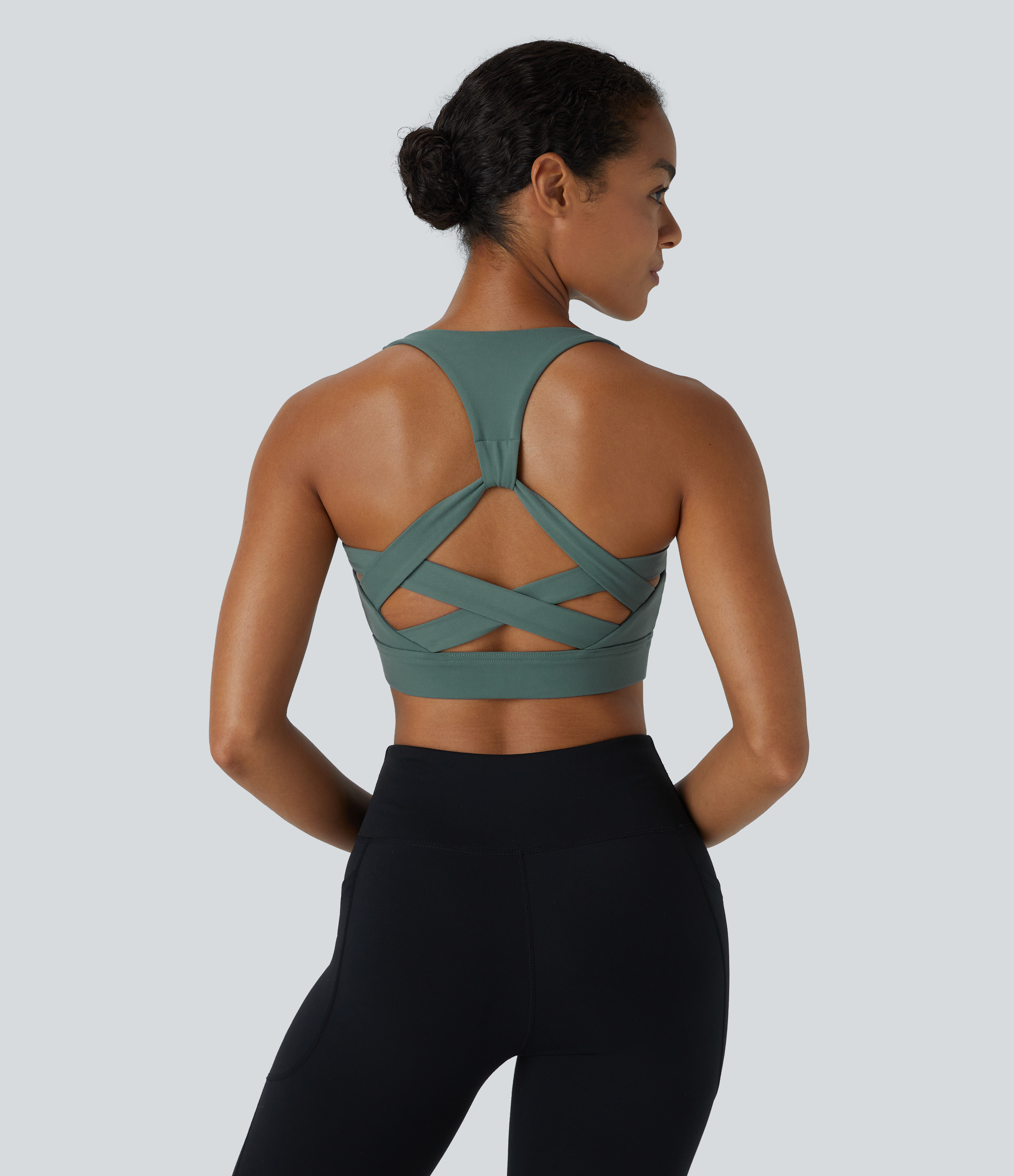 Halara Low Support Backless Racerback Crisscross Yoga Sports Bra  - Chinois Green - S push up bra strapless bra backless bra sticky bra 