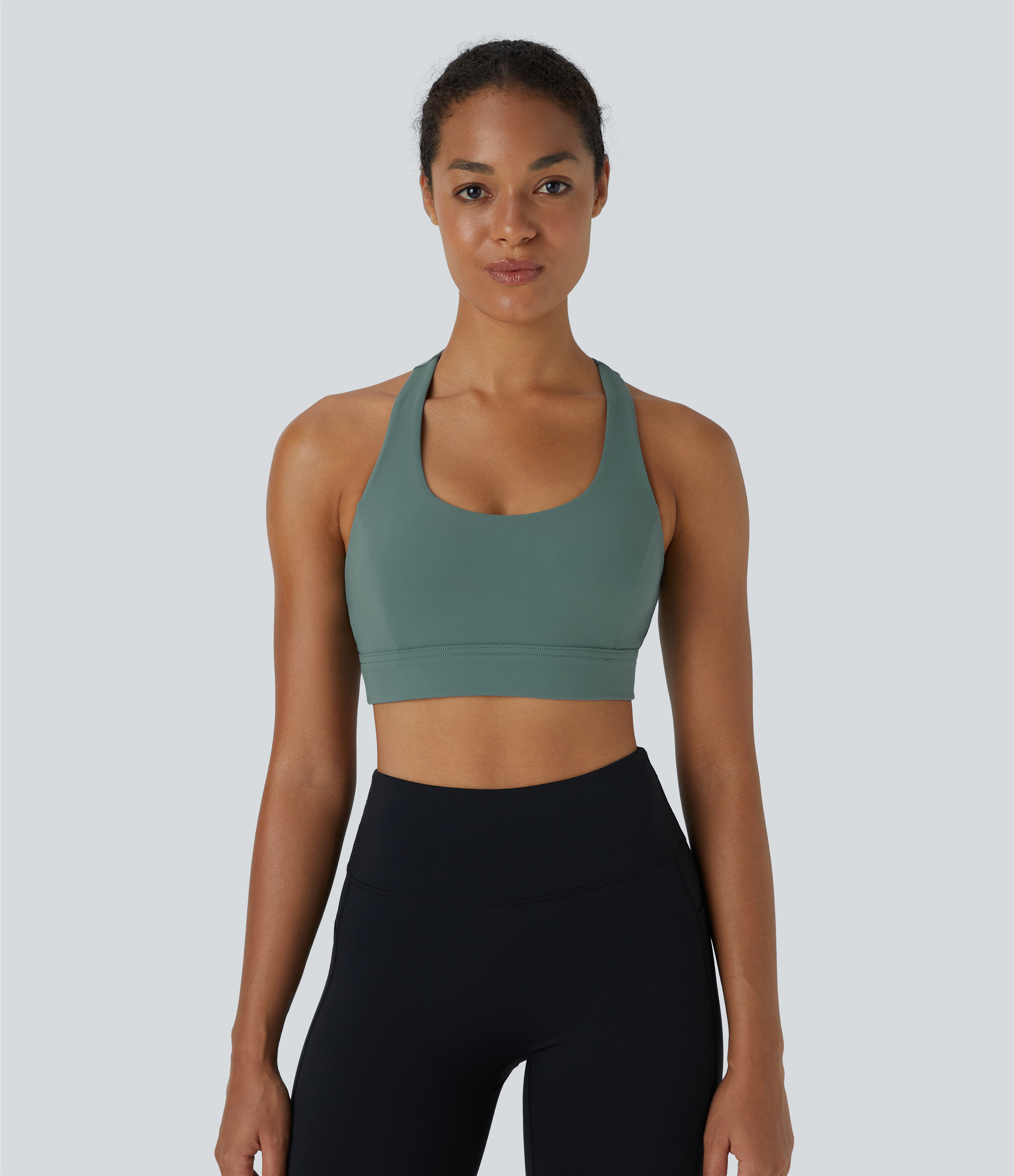 Halara Low Support Backless Racerback Crisscross Yoga Sports Bra  - Chinois Green - S push up bra strapless bra backless bra sticky bra 