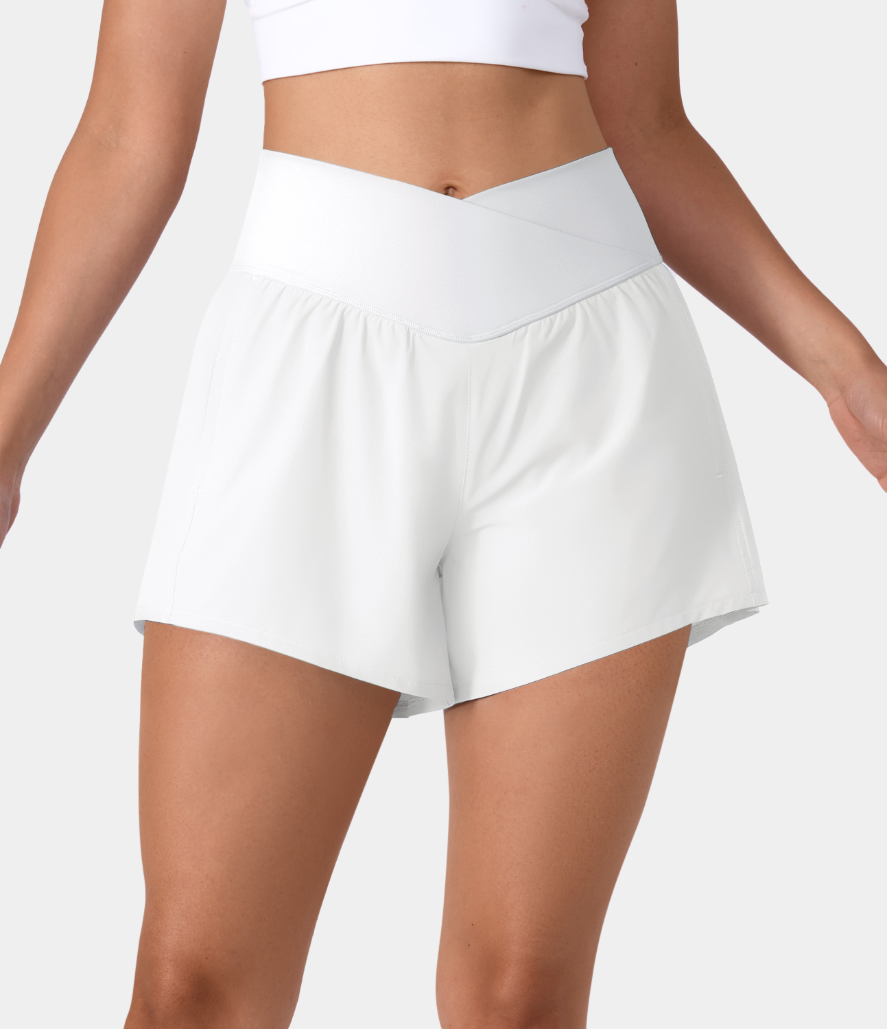 

Halara Breezefulв„ў High Waisted Crossover Side Pocket 2-in-1 Quick Dry Yoga Shorts 4" Gym Short - White -  booty shorts compression shorts