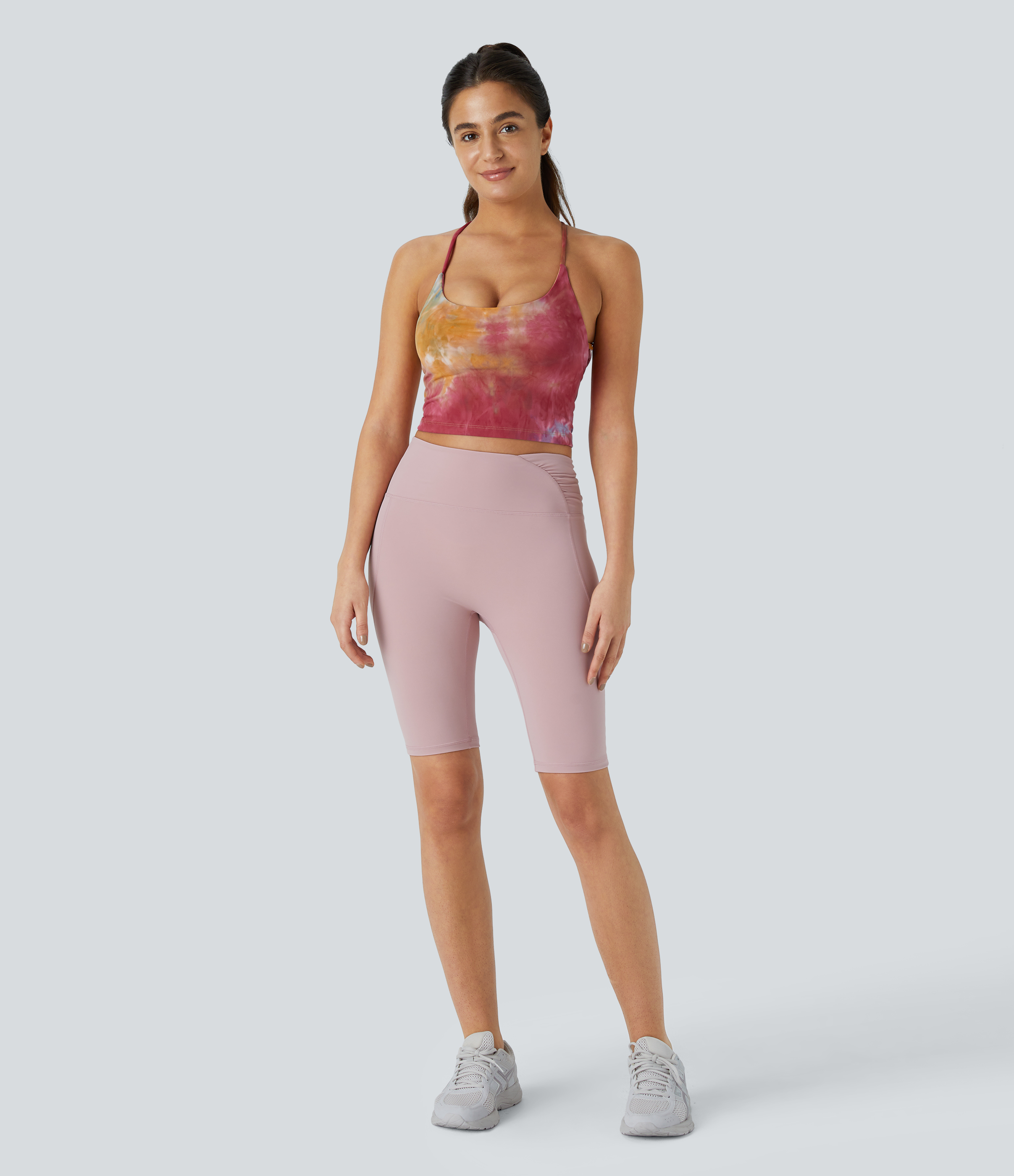 Halara Spaghetti Strap Tie Dye Backless Crisscross Lace Up Cropped Tank Top Tank Top - Tie-dye Yellow Pink - XL golf tops halter top 