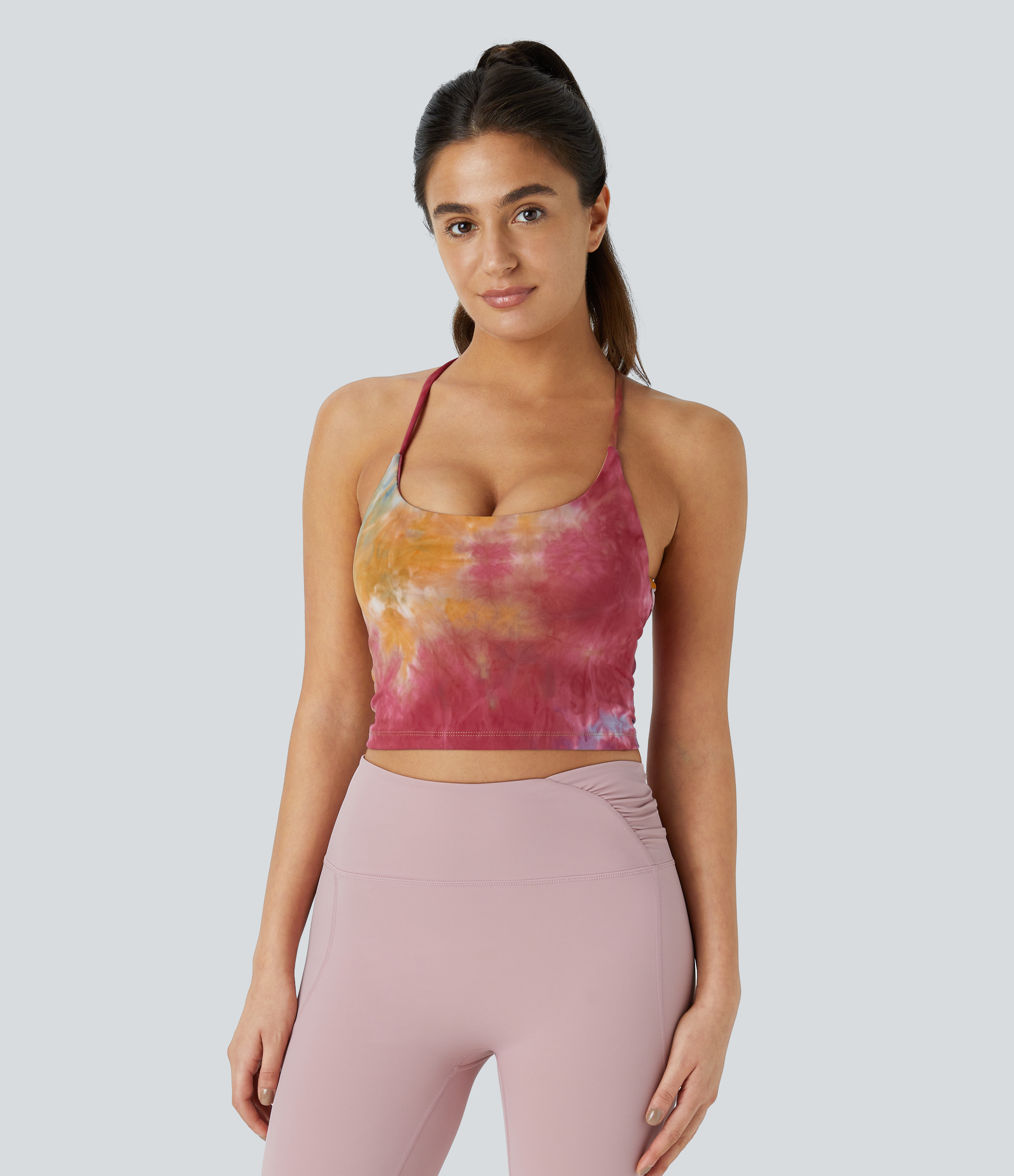 Halara Spaghetti Strap Tie Dye Backless Crisscross Lace Up Cropped Tank Top Tank Top - Tie-dye Yellow Pink - XL golf tops halter top 