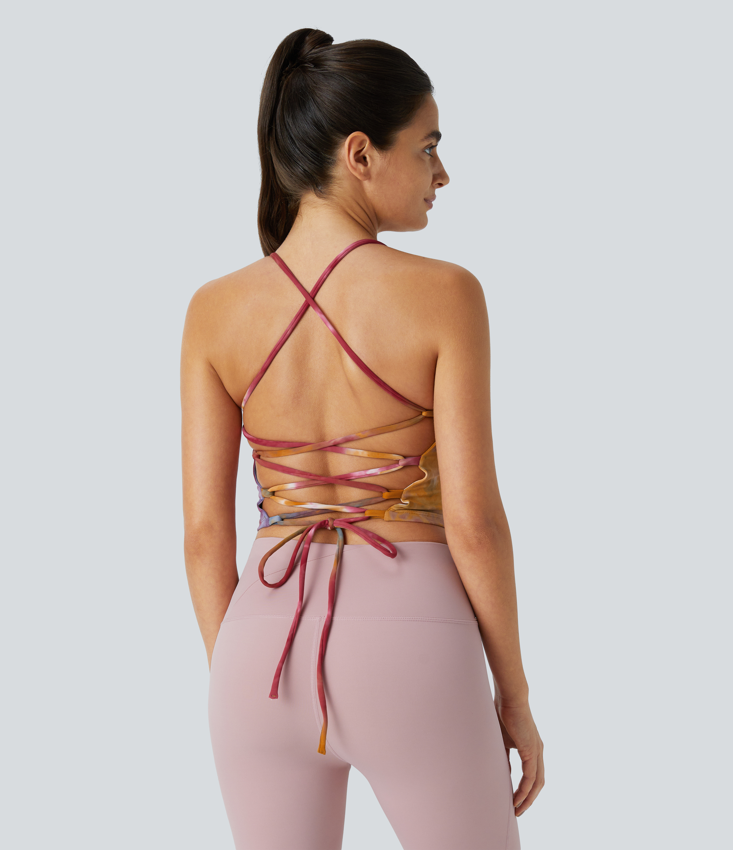 Halara Spaghetti Strap Tie Dye Backless Crisscross Lace Up Cropped Tank Top Tank Top - Tie-dye Yellow Pink - XL golf tops halter top 