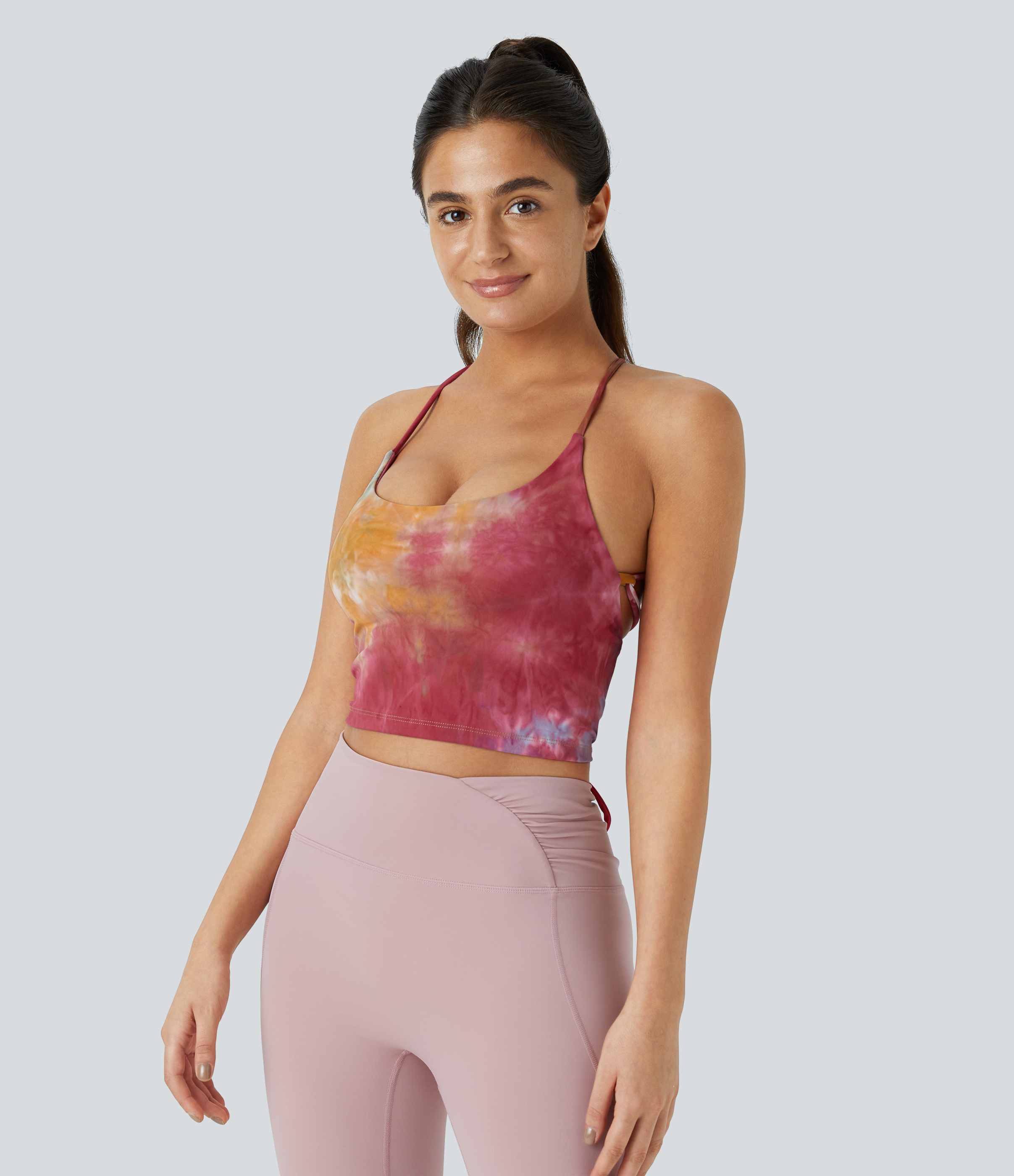 Halara Spaghetti Strap Tie Dye Backless Crisscross Lace Up Cropped Tank Top Tank Top - Tie-dye Yellow Pink - XL golf tops halter top 