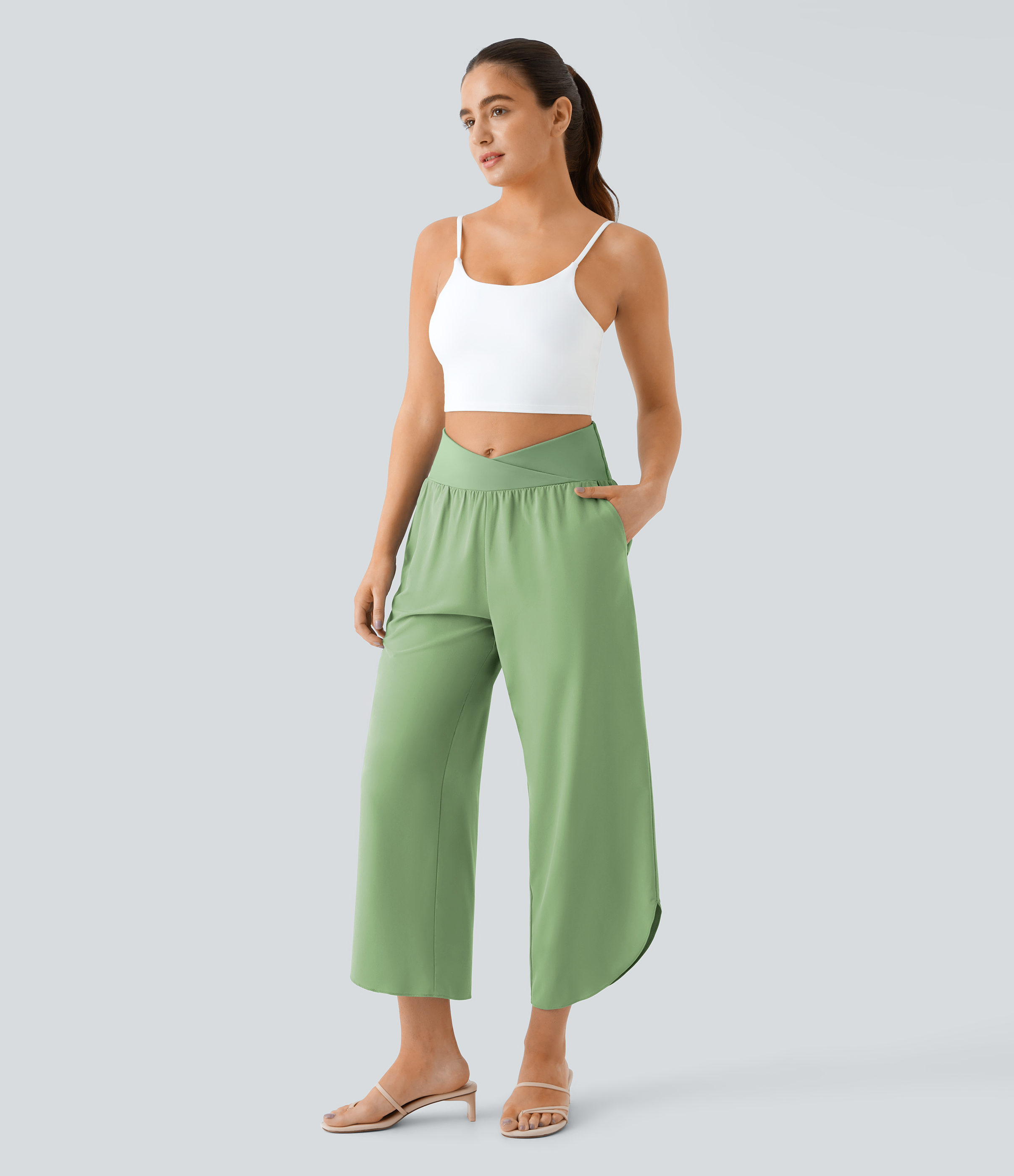 Halara Breezefulв„ў High Waisted Crossover Side Pocket Split Quick Dry Resort Pants  - Hot Wasabi - Green - XS(regular) sweatpants jogger pants 