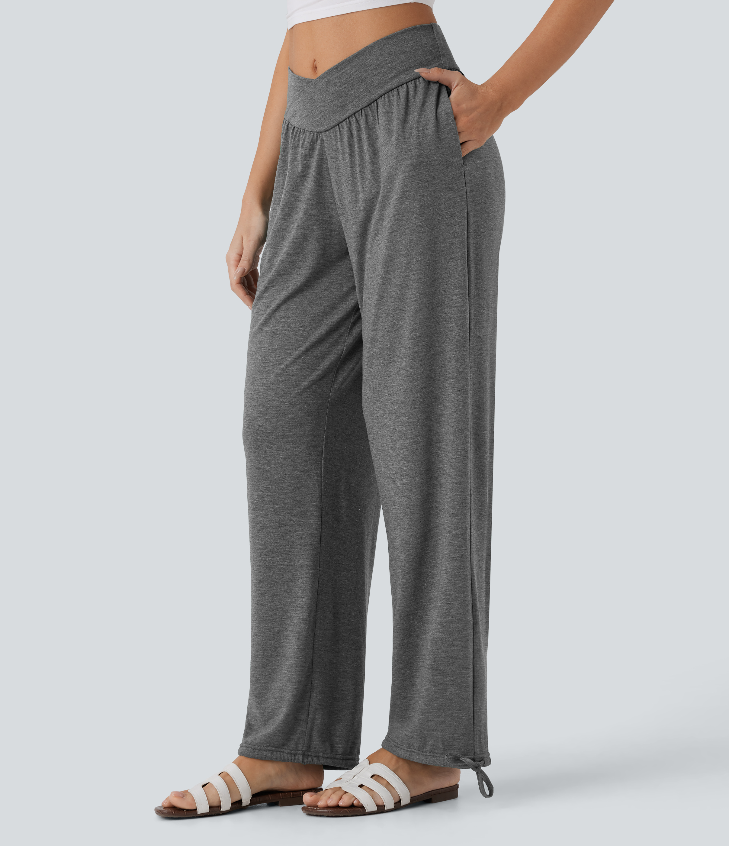 Halara Crossover High Waisted Side Pocket Drawstring Casual Joggers  - Darl Gray Floral Yarn - L(regular) 