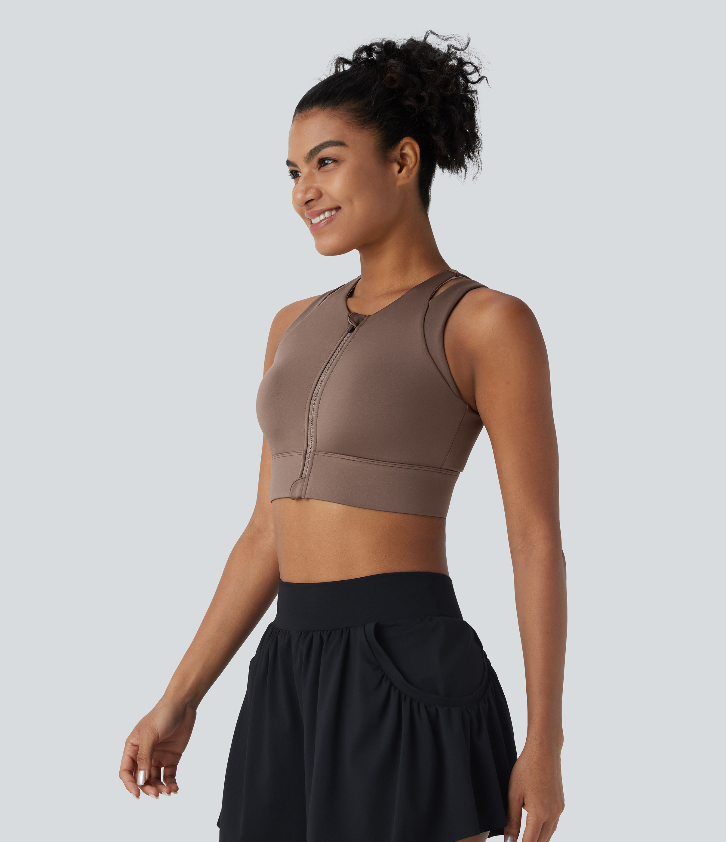 Halara Low Support Cut Out Zipper Sheen Dance Sports Bra  - Hay Brown - XL push up bra strapless bra backless bra sticky bra wireless bra 