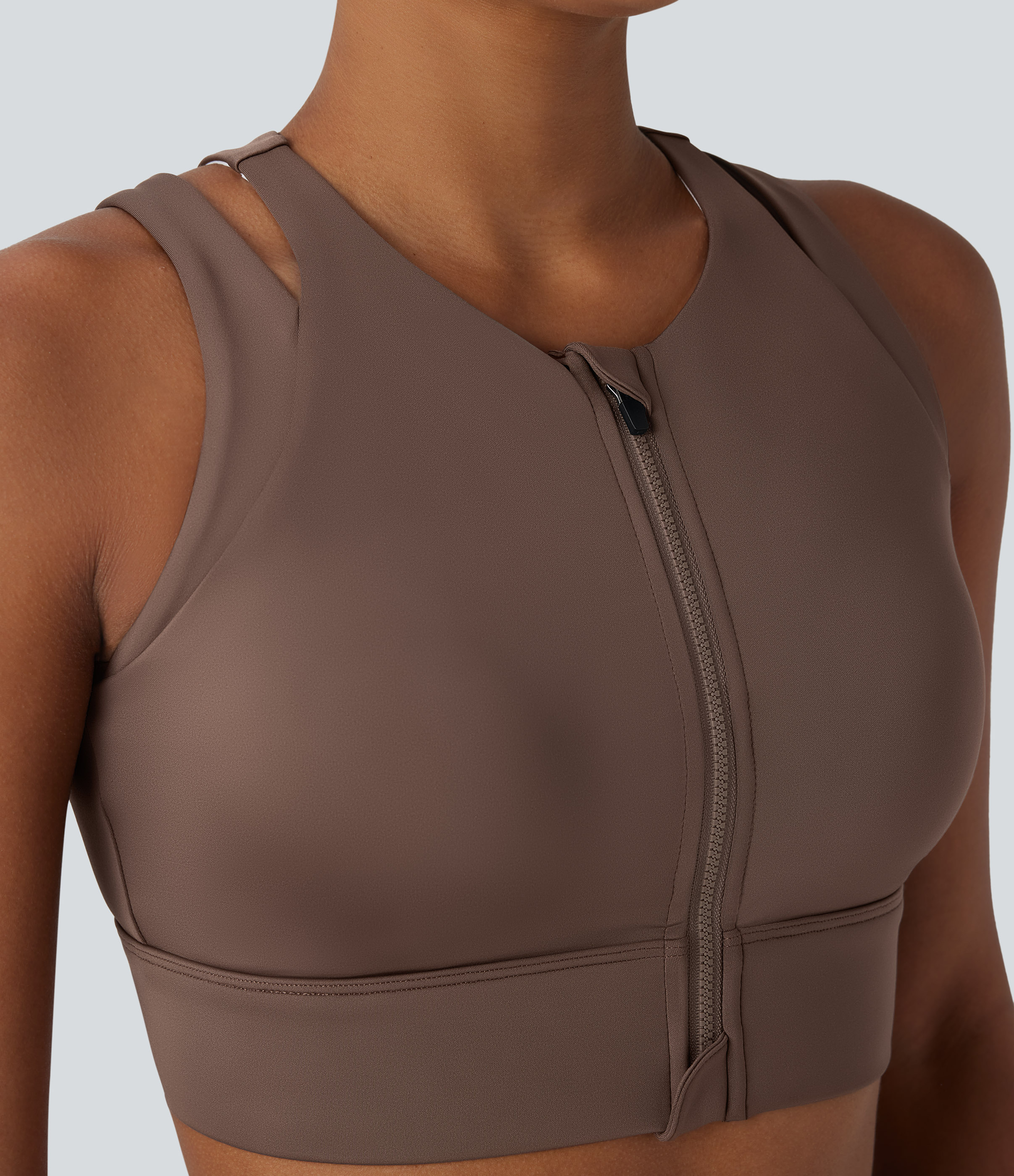 Halara Low Support Cut Out Zipper Sheen Dance Sports Bra  - Hay Brown - XL push up bra strapless bra backless bra sticky bra wireless bra 