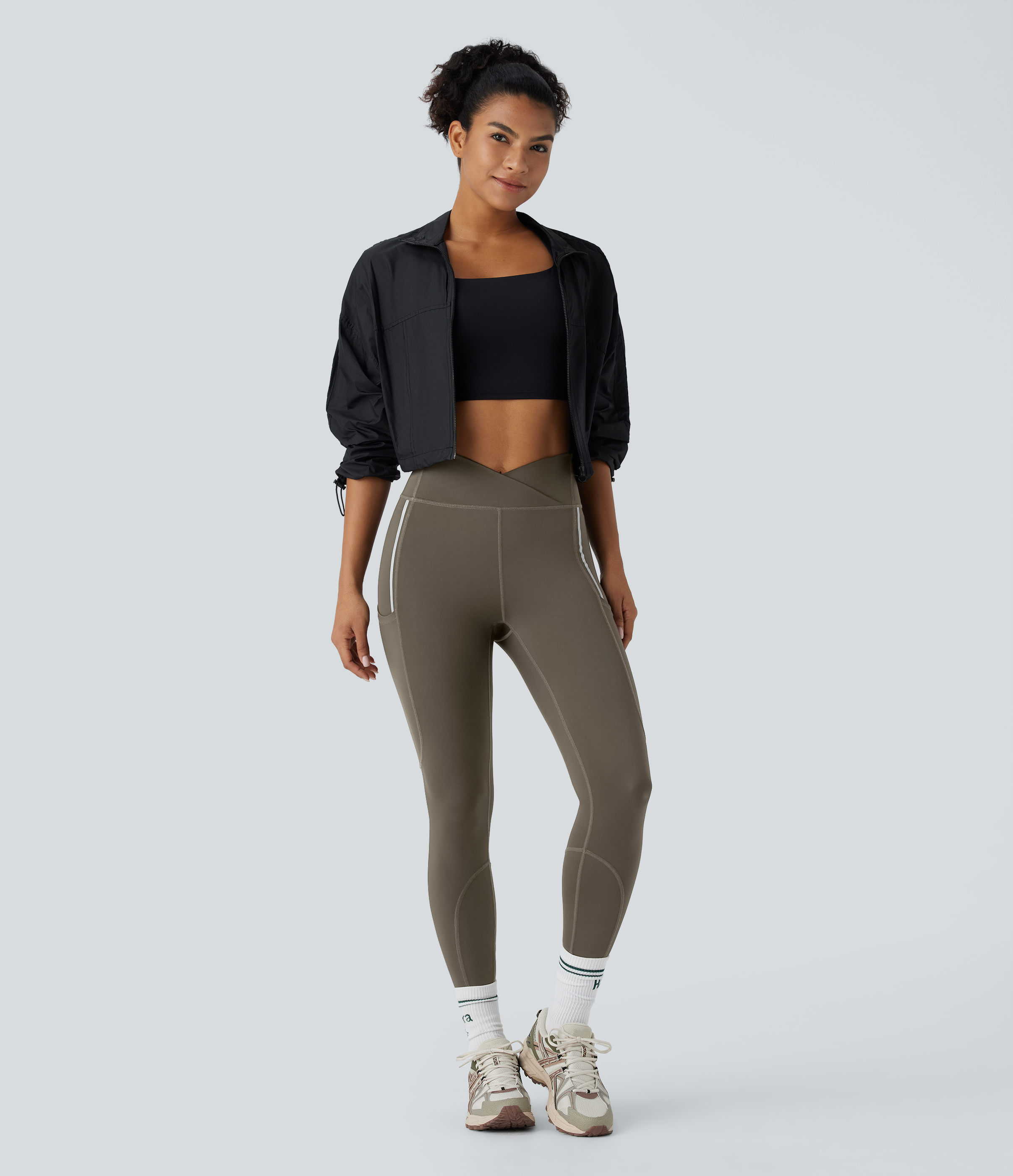 Halara Wear-Resistant Reflective High Waisted Crossover Multiple Pockets 7/8 Hiking Leggings  - Twilight Green - L(7/8) gym leggings 