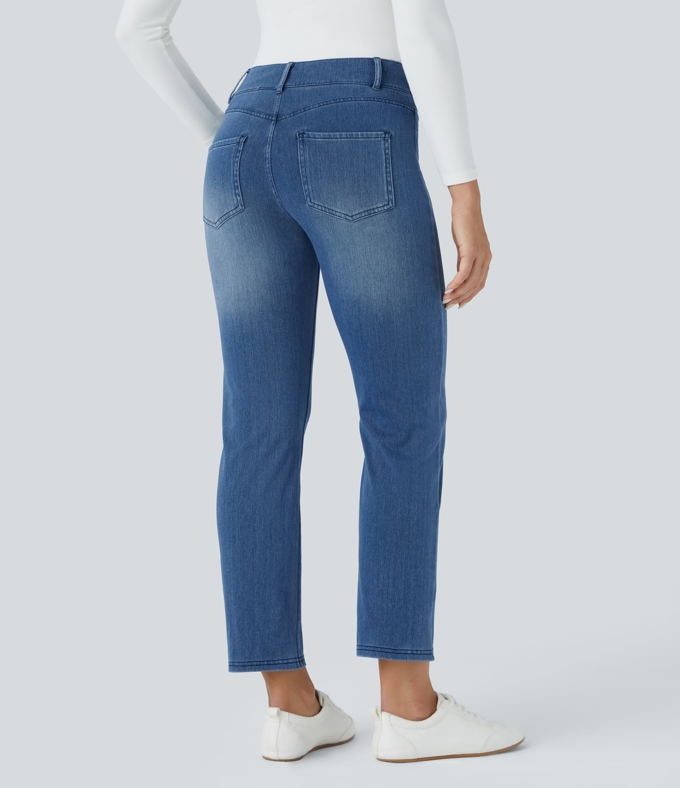 Halara Flex™ Mid-Rise Multiple-Pocket Straight-Leg Washed Stretchy Knit Work Jeans