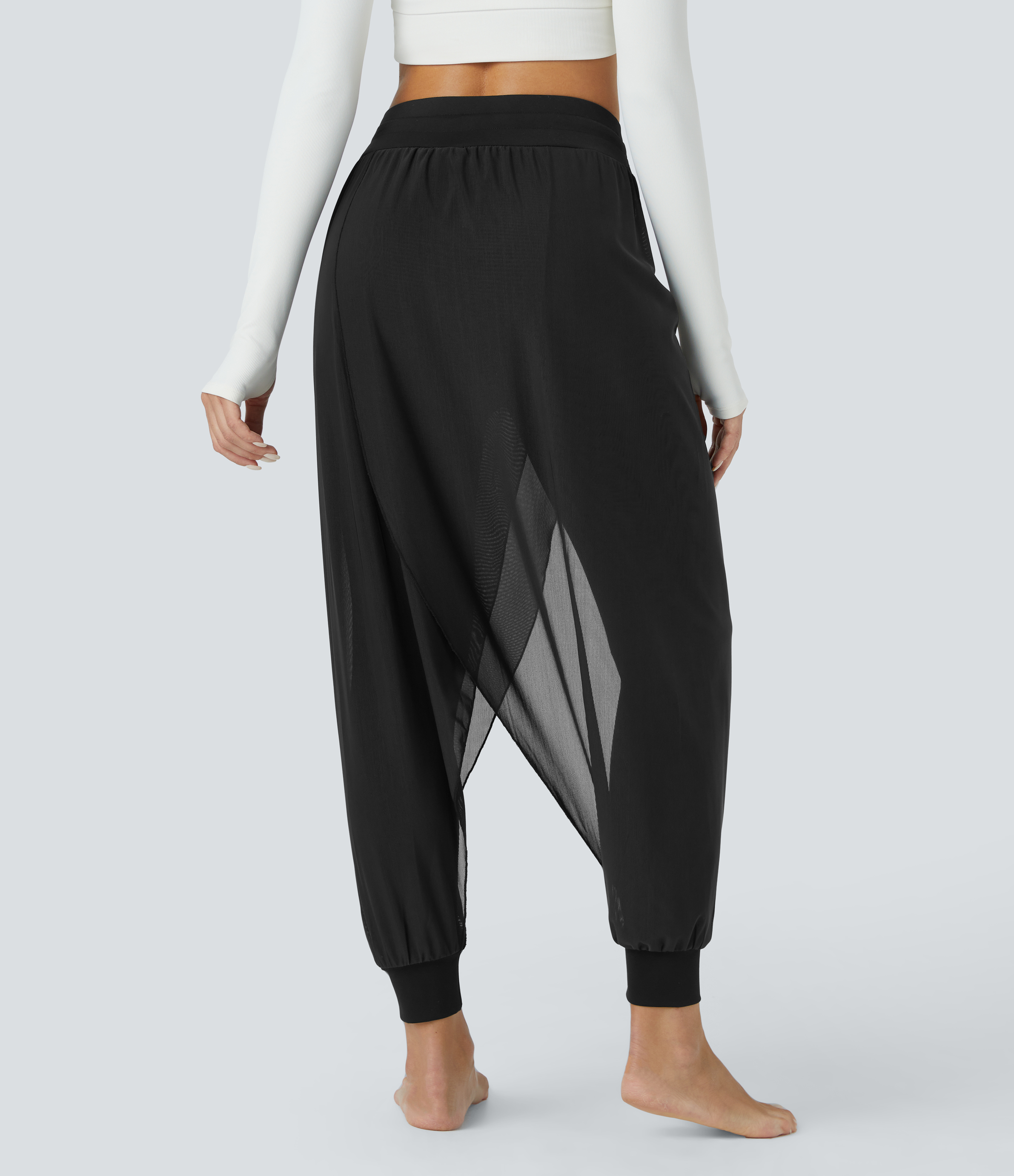 Halara High Waisted Side Drawstring Contrast Mesh Flowy Solid Yoga Joggers  - Black - M 