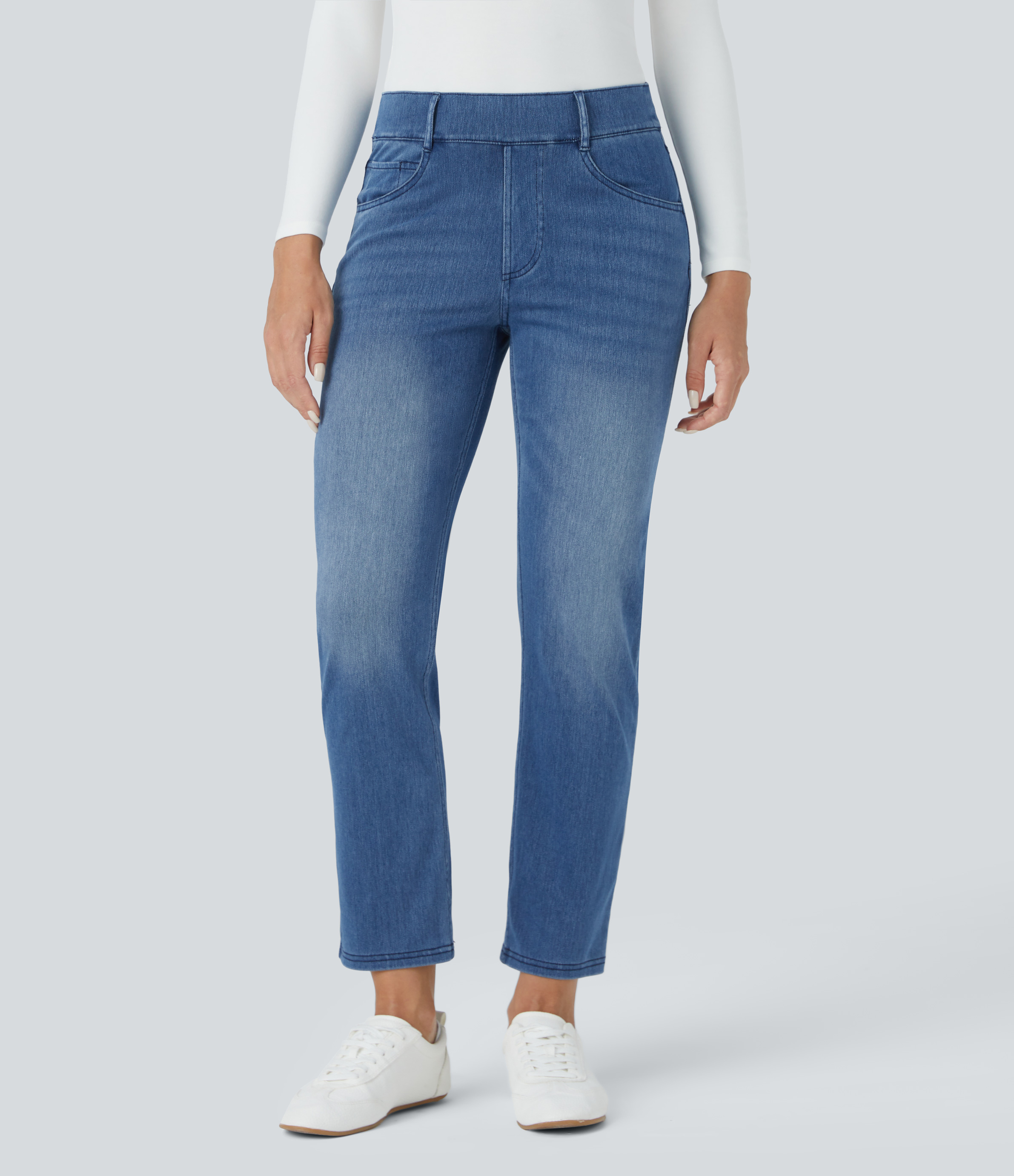 Blue Gray Denim Halara Flex™ Mid-Rise Multiple-Pocket Straight-Leg Washed Stretchy Knit Work Jeans / 2