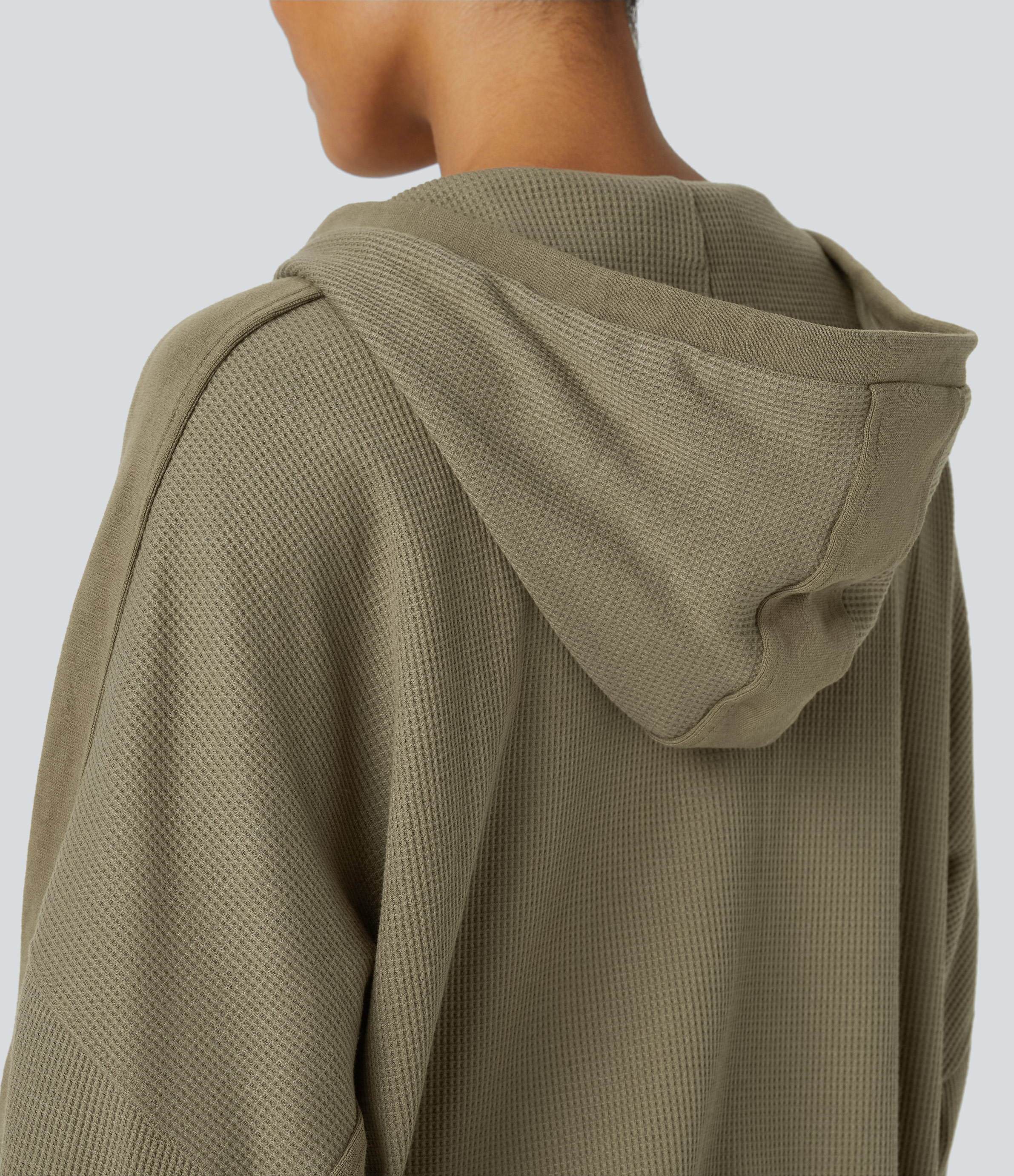 Halara Hooded Zipper Dropped Shoulder Pocket Waffle Casual Jacket  - Deep Drape Green - M 