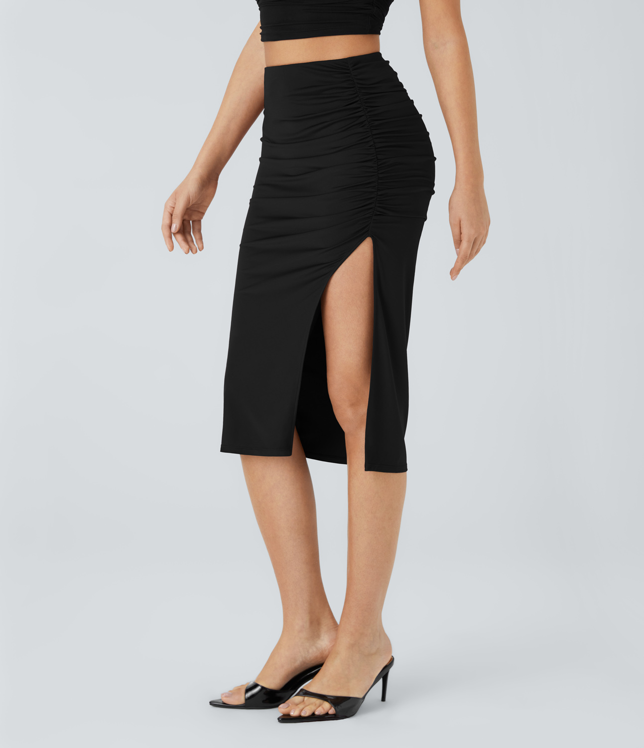 Halara High Waisted Ruched Split Midi Party Skirt  - Black - M(regular) 