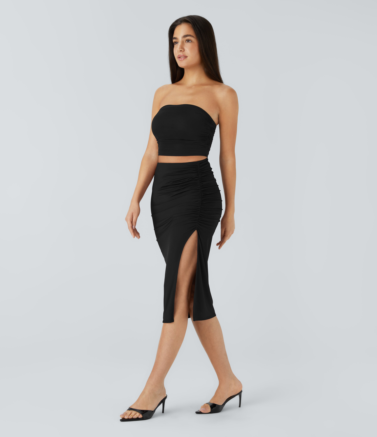 Halara High Waisted Ruched Split Midi Party Skirt  - Black - M(regular) 
