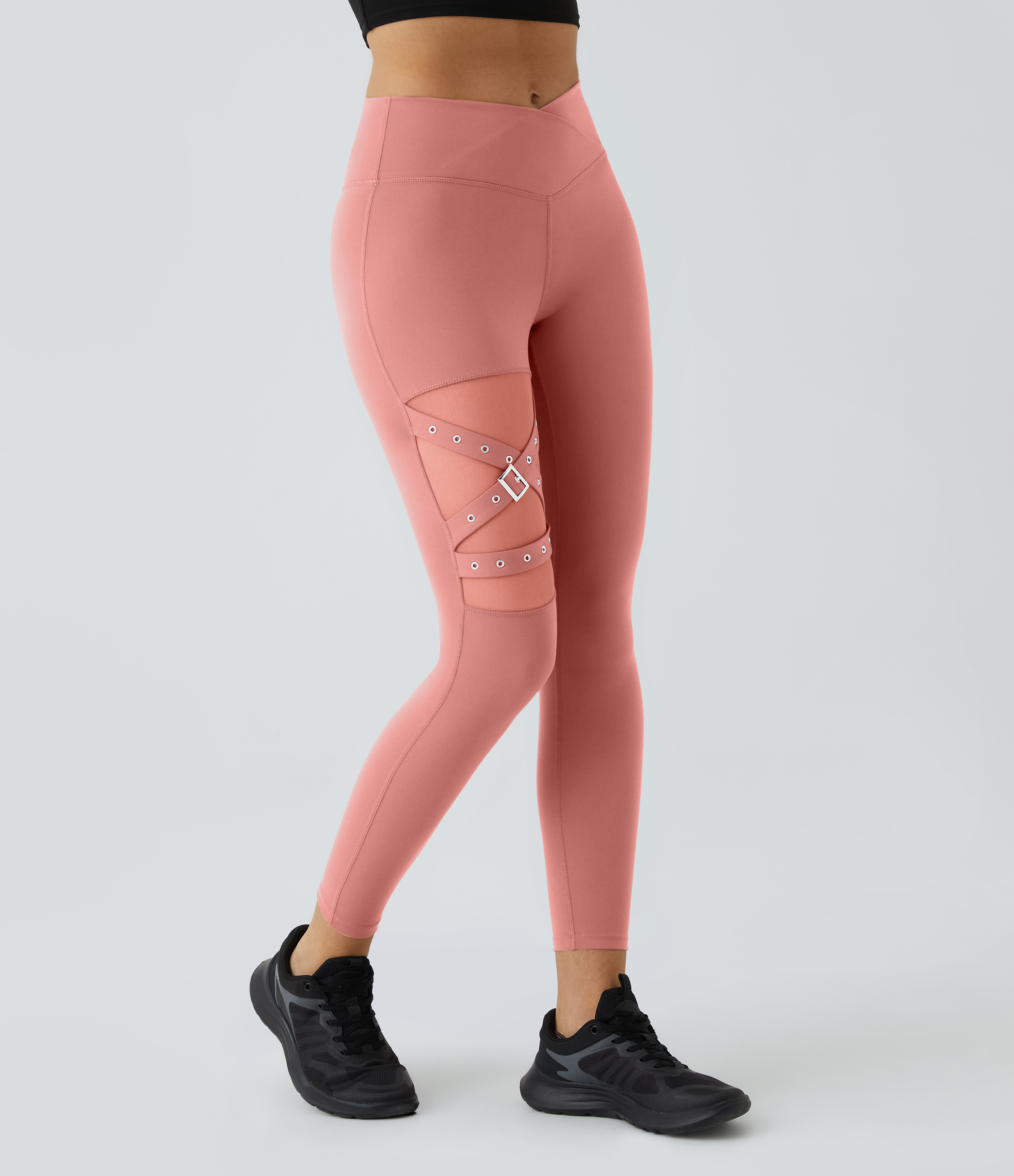 Halara High Waisted Crossover Contrast Mesh Decorative Buckle Yoga Leggings  - Candy Pink - XS(full_length) gym leggings 