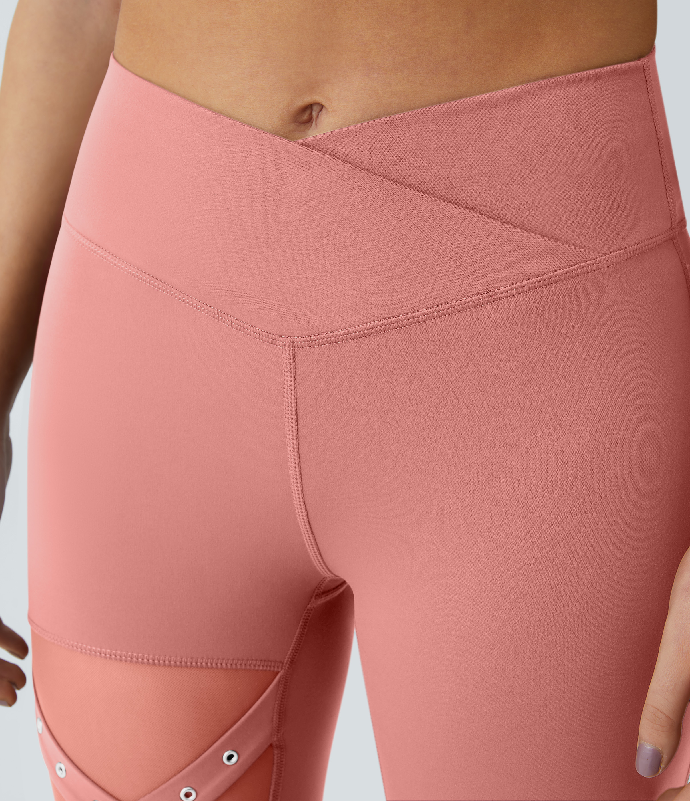 Halara High Waisted Crossover Contrast Mesh Decorative Buckle Yoga Leggings  - Candy Pink - XS(full_length) gym leggings 