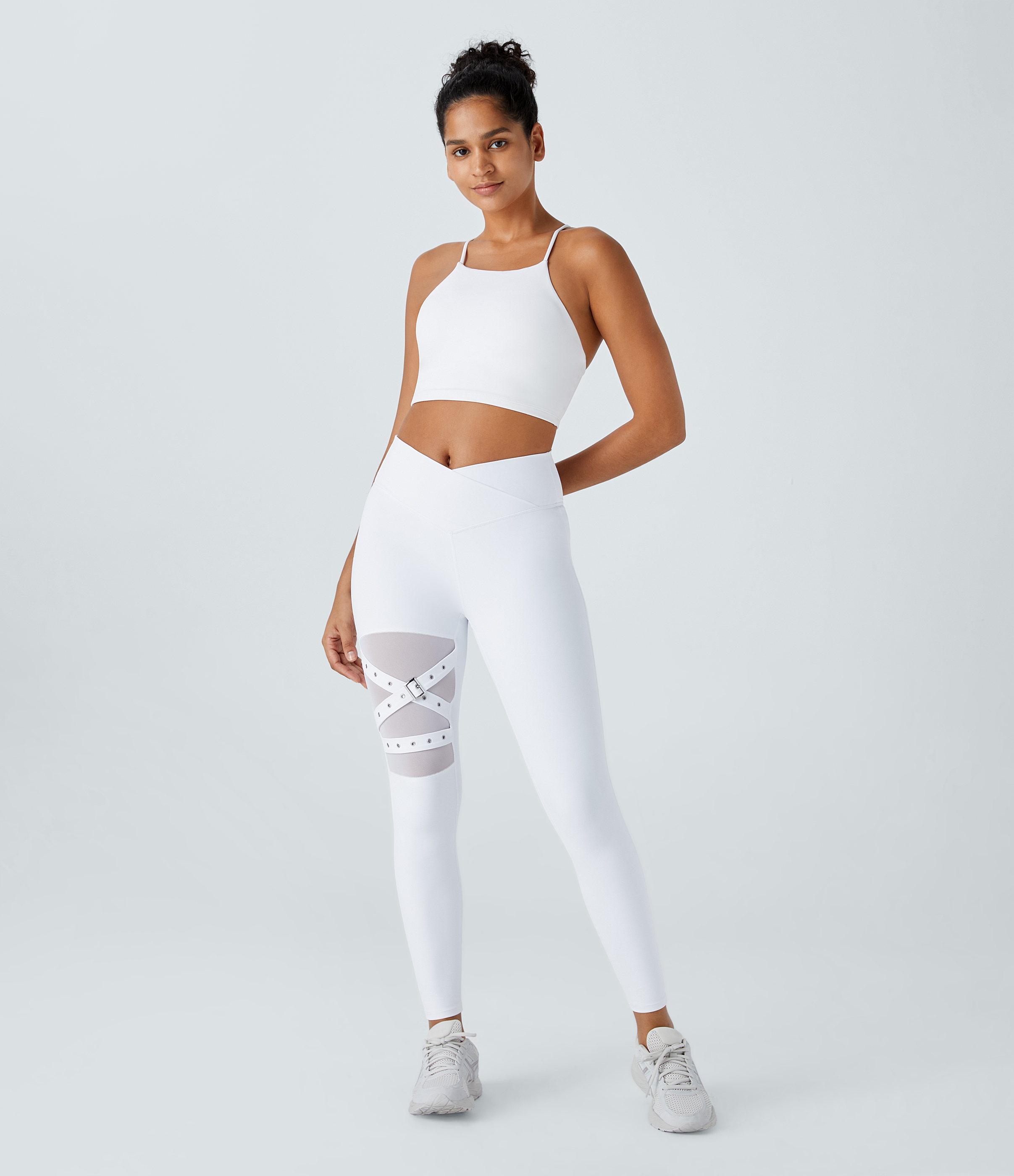 Halara High Waisted Crossover Contrast Mesh Decorative Buckle Yoga Leggings  - White - XL(full_length) gym leggings leggings with pockets 