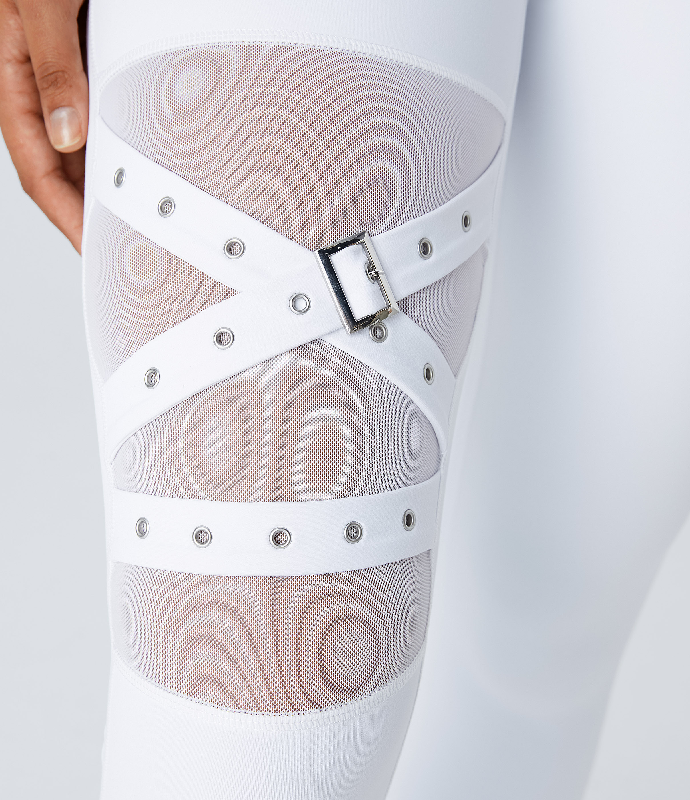 Halara High Waisted Crossover Contrast Mesh Decorative Buckle Yoga Leggings  - White - XL(full_length) gym leggings leggings with pockets 