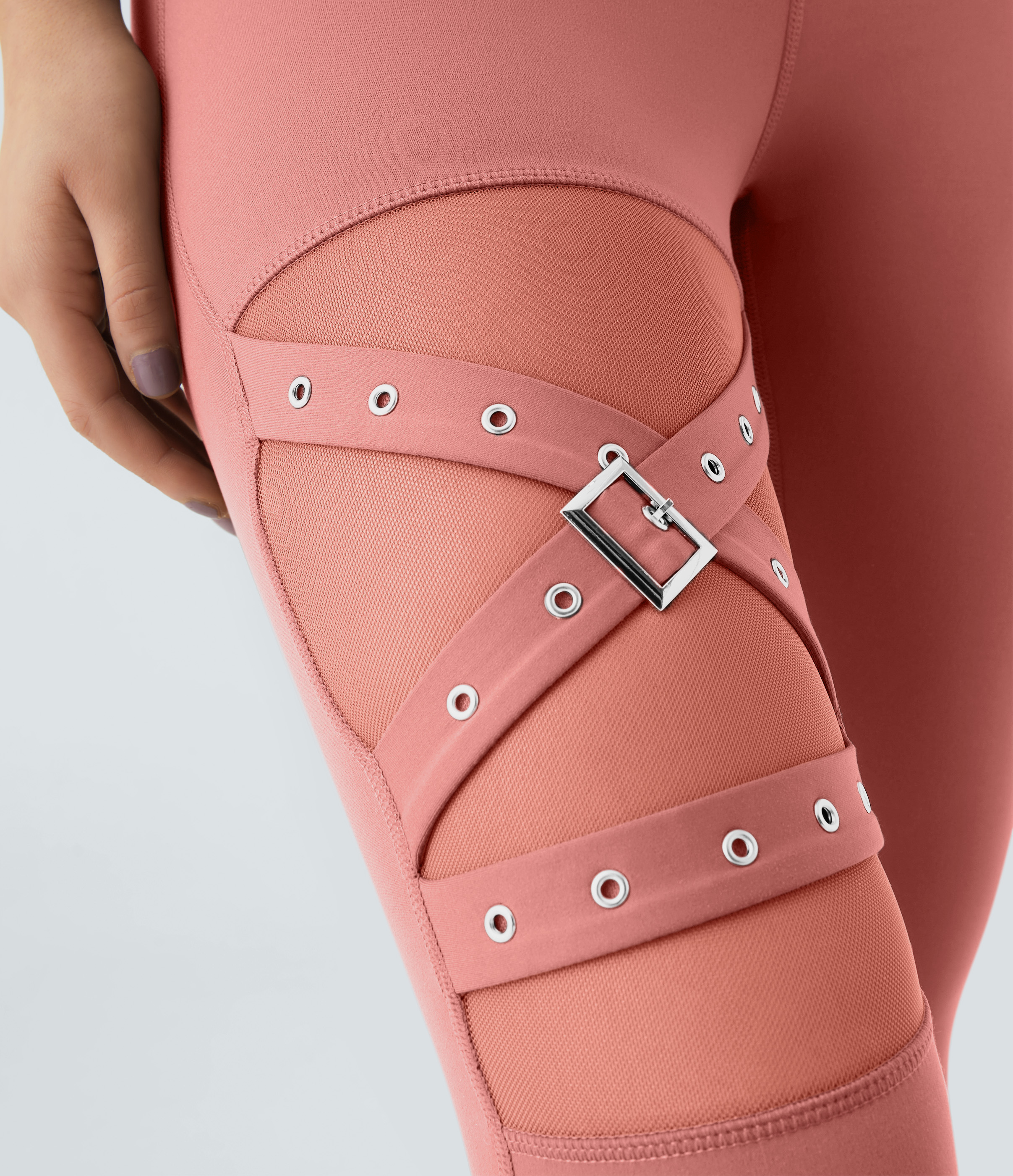 Halara High Waisted Crossover Contrast Mesh Decorative Buckle Yoga Leggings  - Candy Pink - XS(full_length) gym leggings 