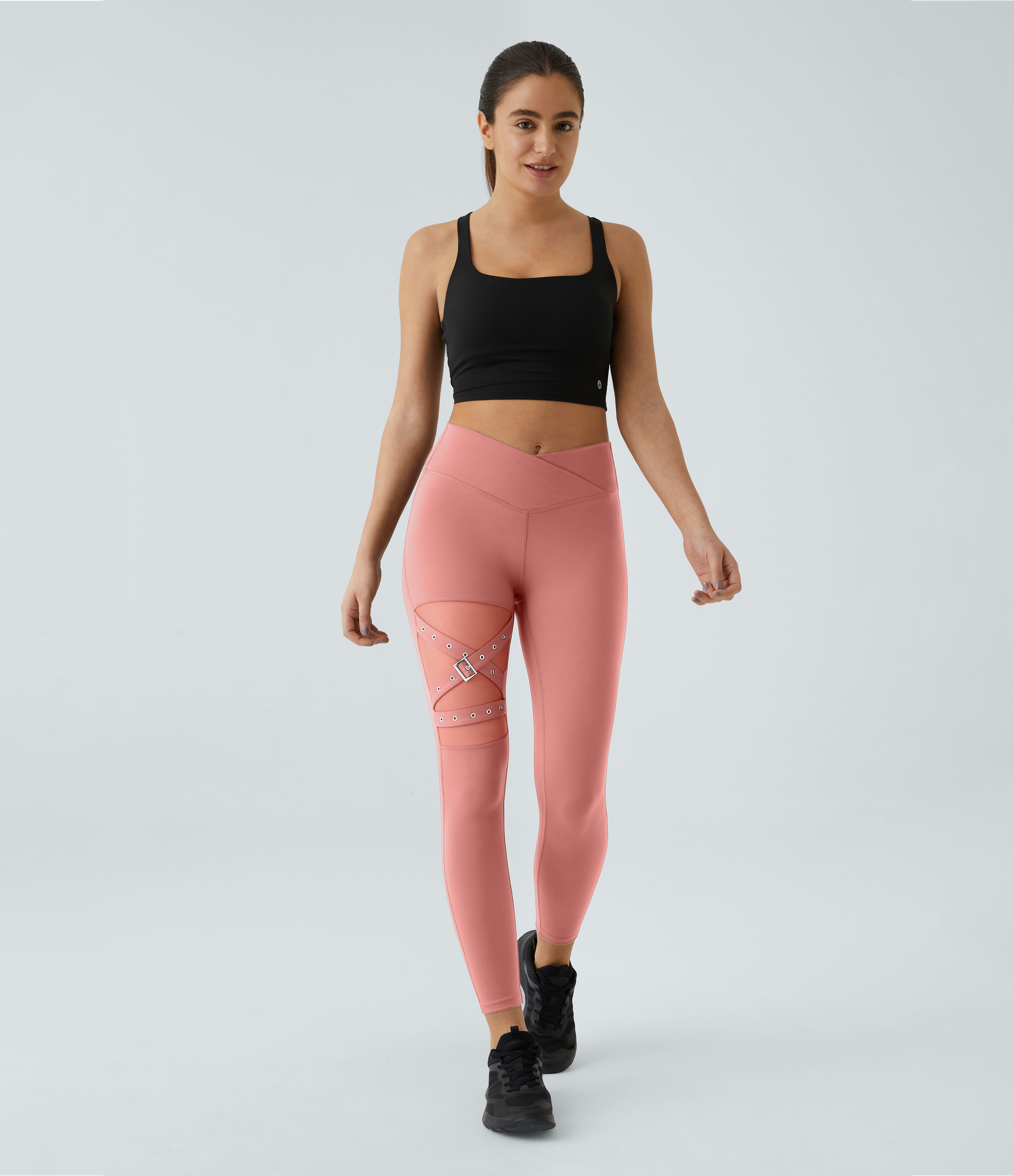 Halara High Waisted Crossover Contrast Mesh Decorative Buckle Yoga Leggings  - Candy Pink - XS(full_length) gym leggings 