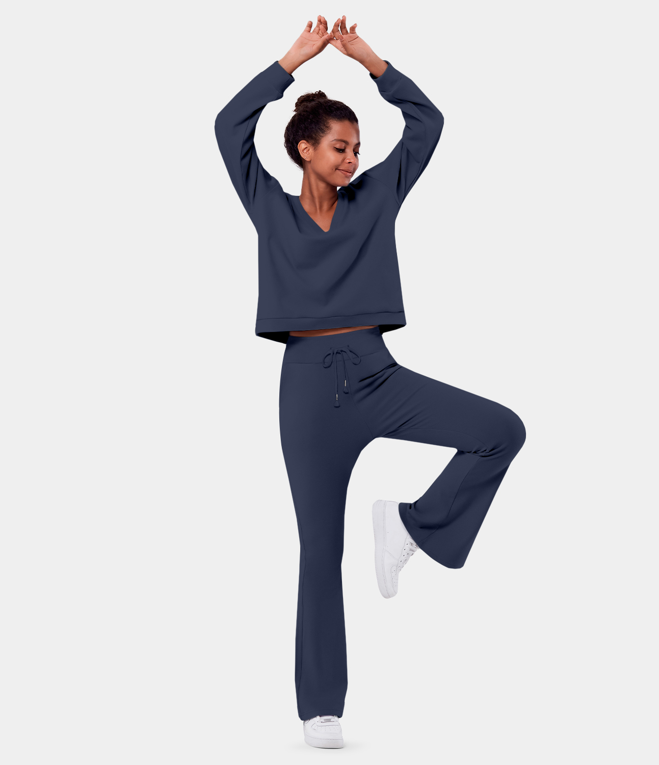 

Halara High Waisted Drawstring Pocket Plain Flare Long Pants - Midnight Blue