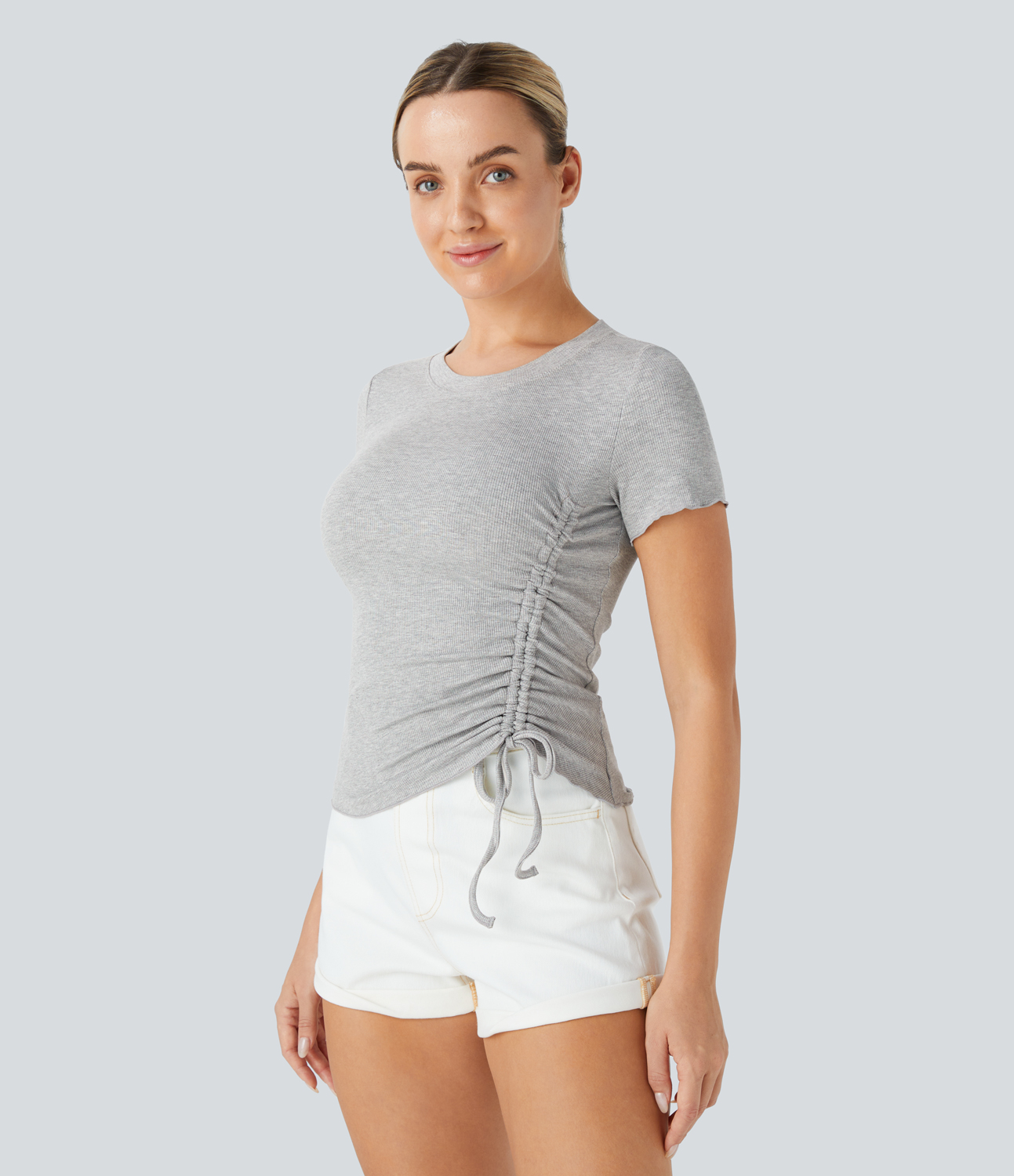 Halara Ribbed Knit Lettuce Trim Drawstring Casual Tee  - Grey - XL 