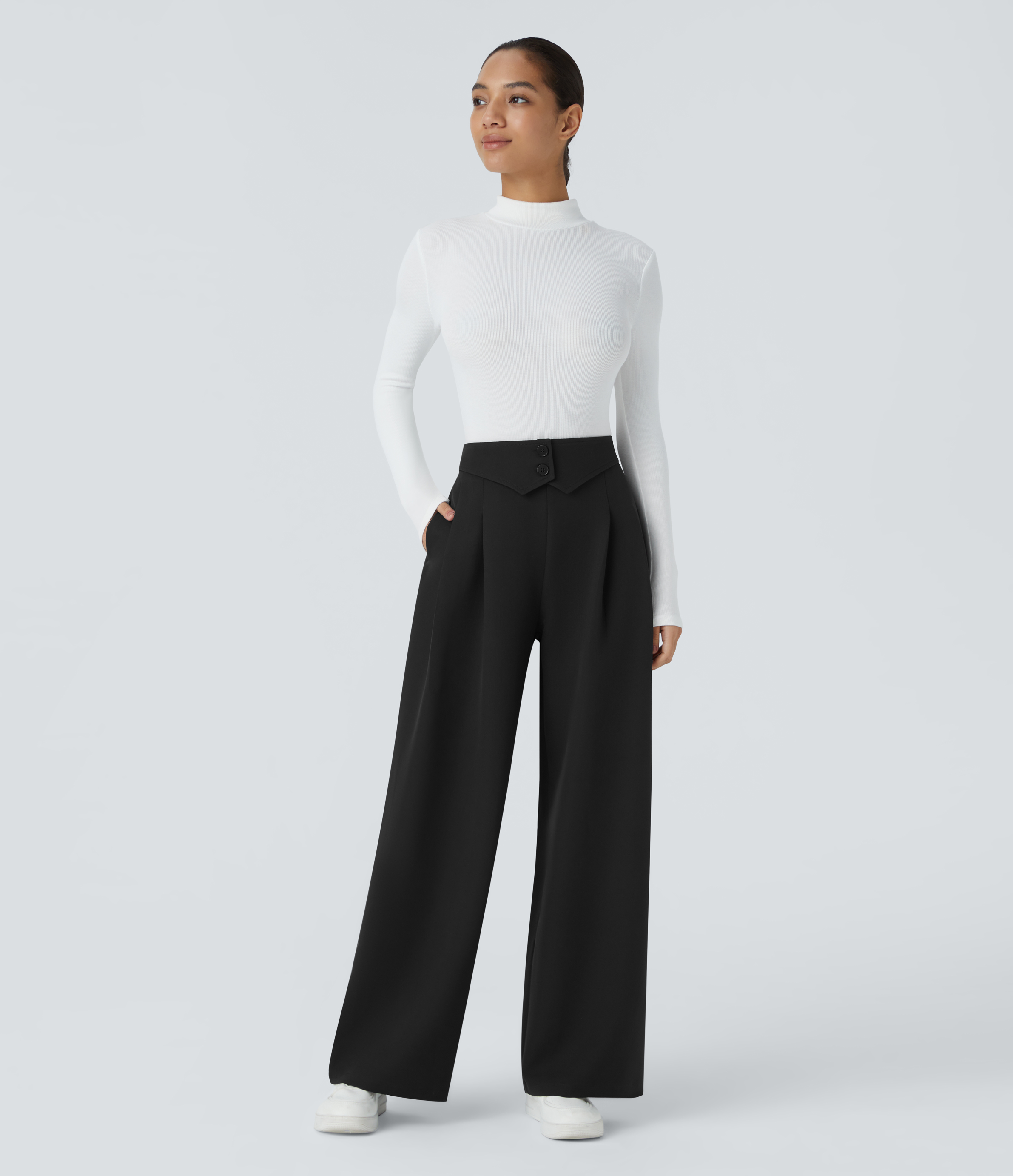 Halara High Waisted Decorative Button Invisible Zipper Side Pocket Wide Leg Work Pants  - Black - XS(regular) sweatpants jogger pants 