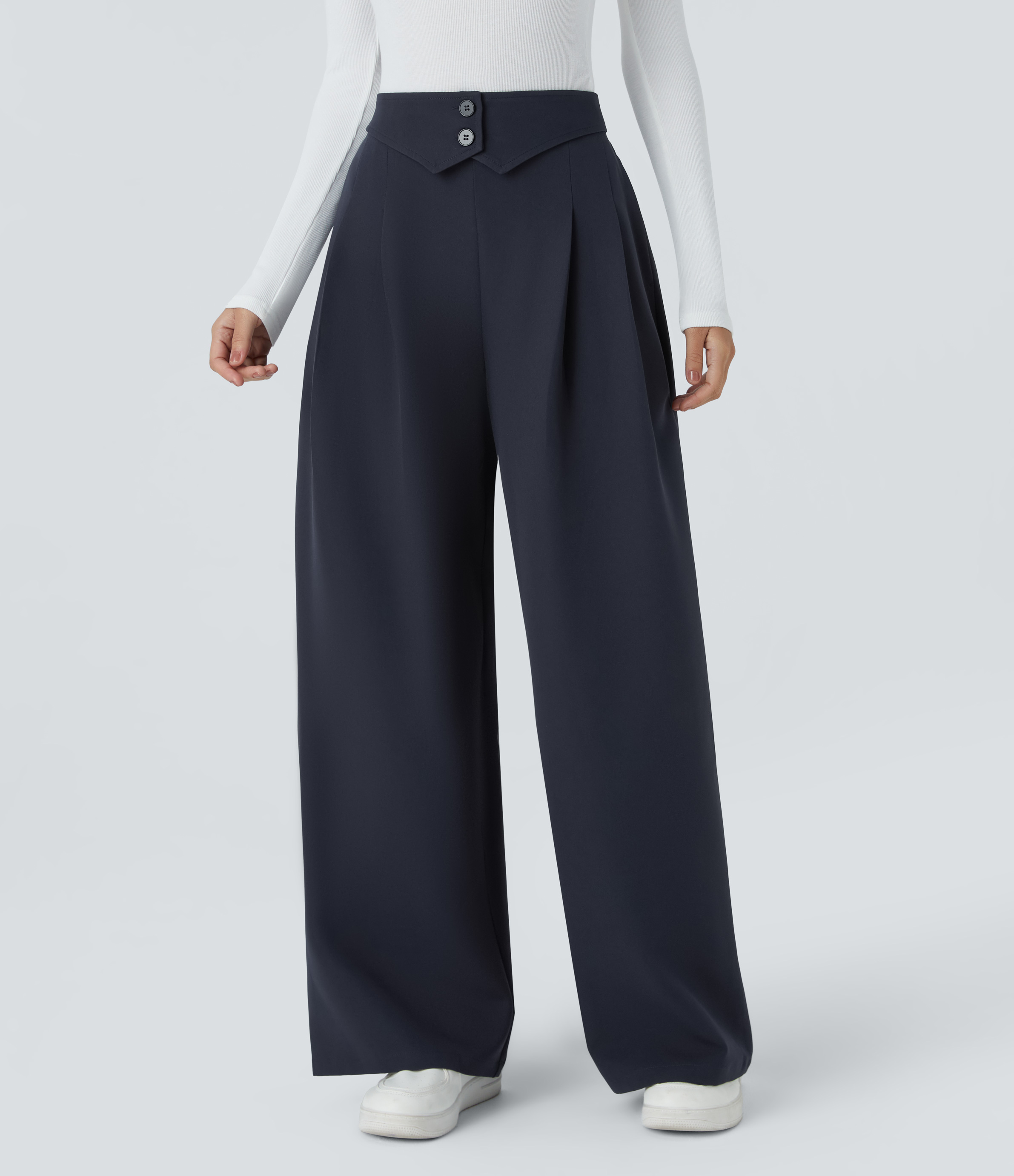 Halara High Waisted Decorative Button Invisible Zipper Side Pocket Wide Leg Work Pants  - Midnight Blue - XL(regular) sweatpants jogger pants 