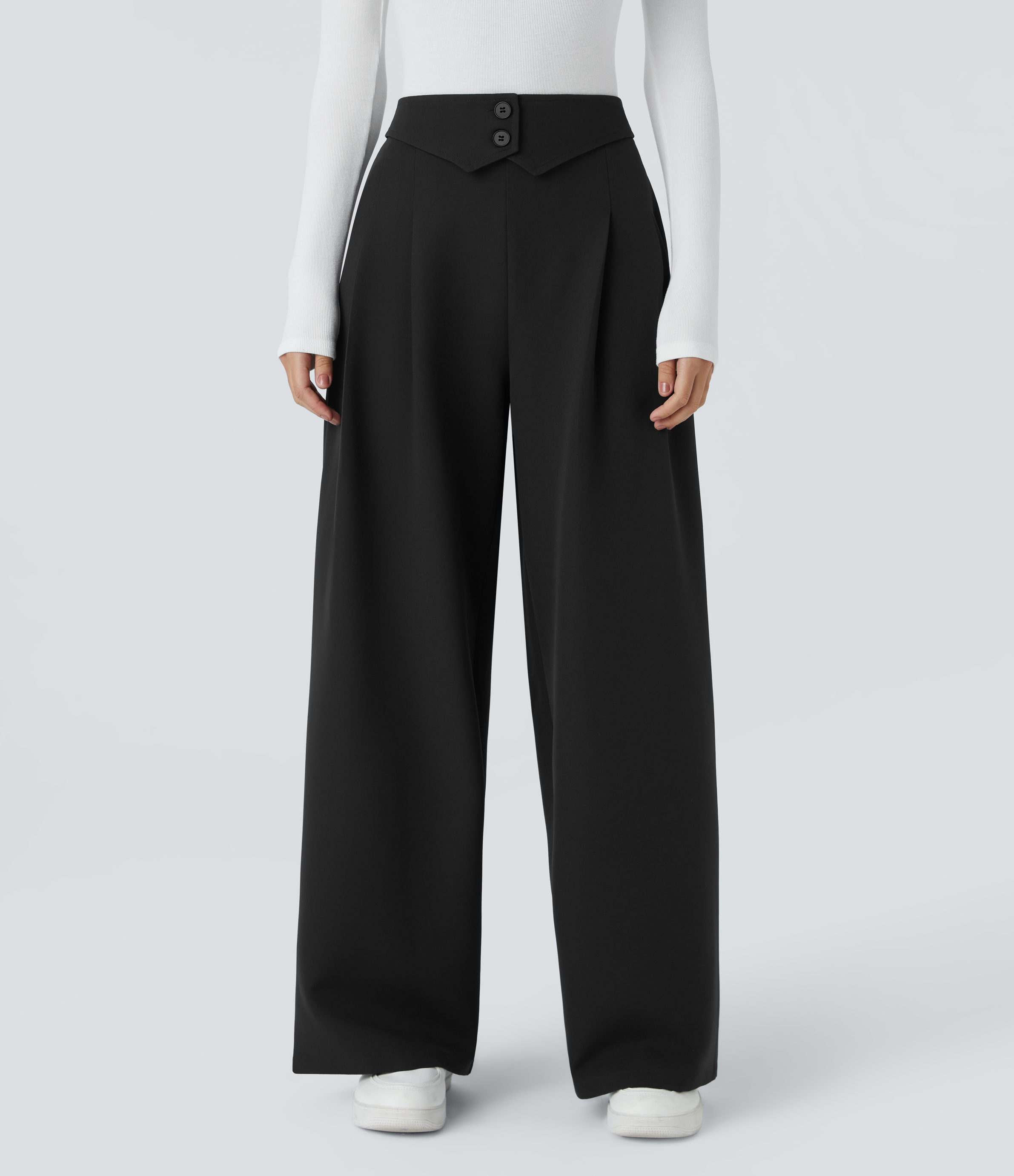 Halara High Waisted Decorative Button Invisible Zipper Side Pocket Wide Leg Work Pants  - Black - XS(regular) sweatpants jogger pants 