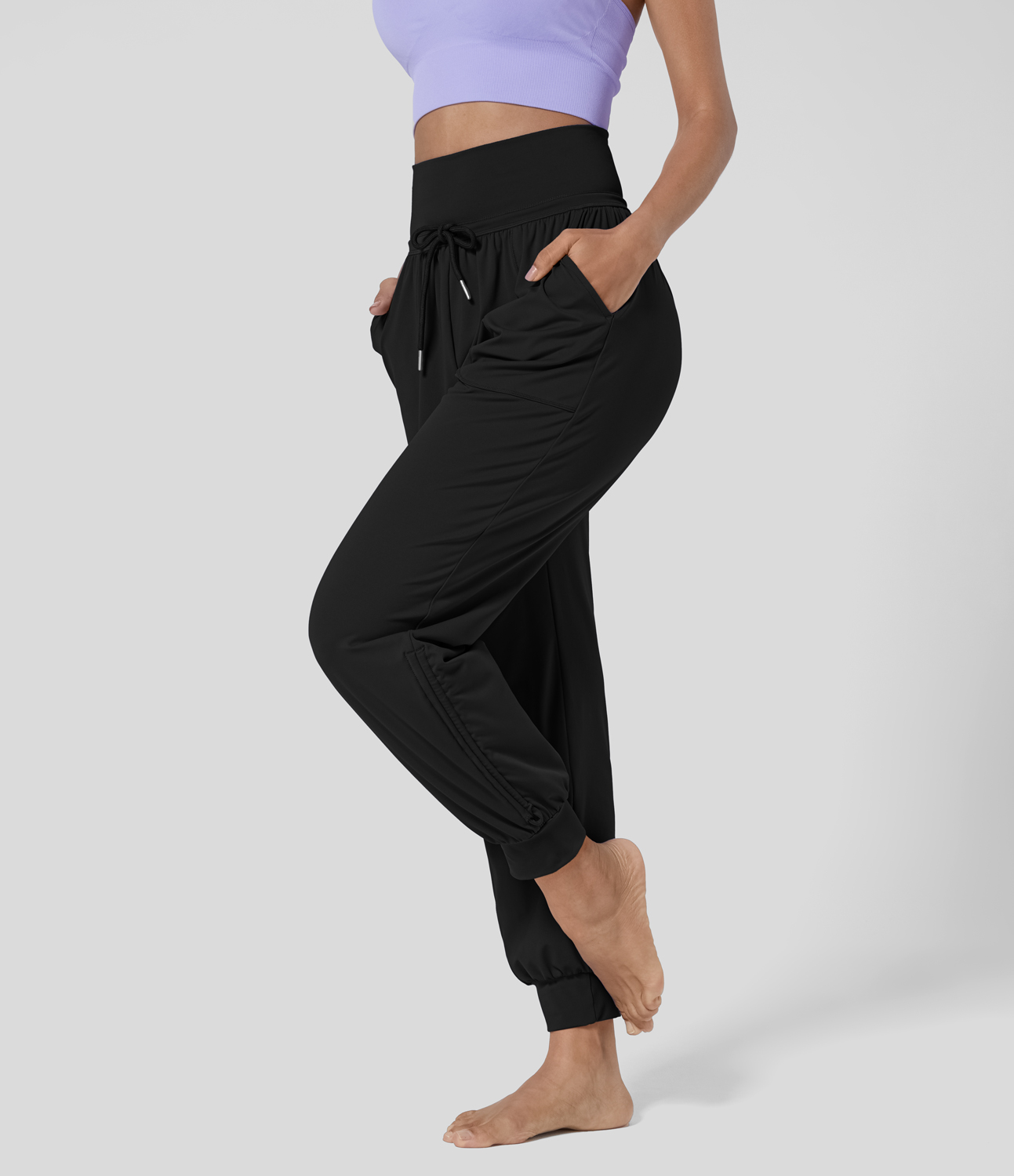 Halara High Waisted Drawstring Plicated Side Pocket Ankle Length Tapered Casual Joggers  - Black - XS(petite) 