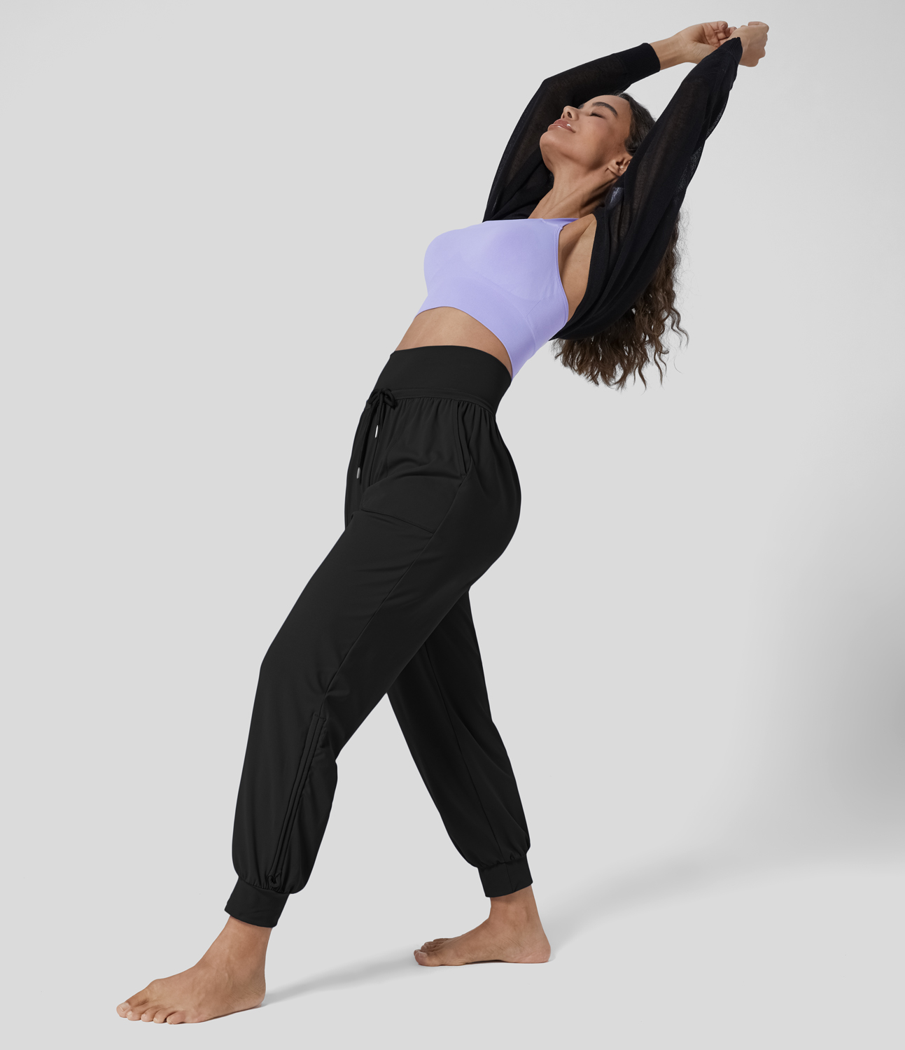 Halara High Waisted Drawstring Plicated Side Pocket Ankle Length Tapered Casual Joggers  - Black - XS(petite) 