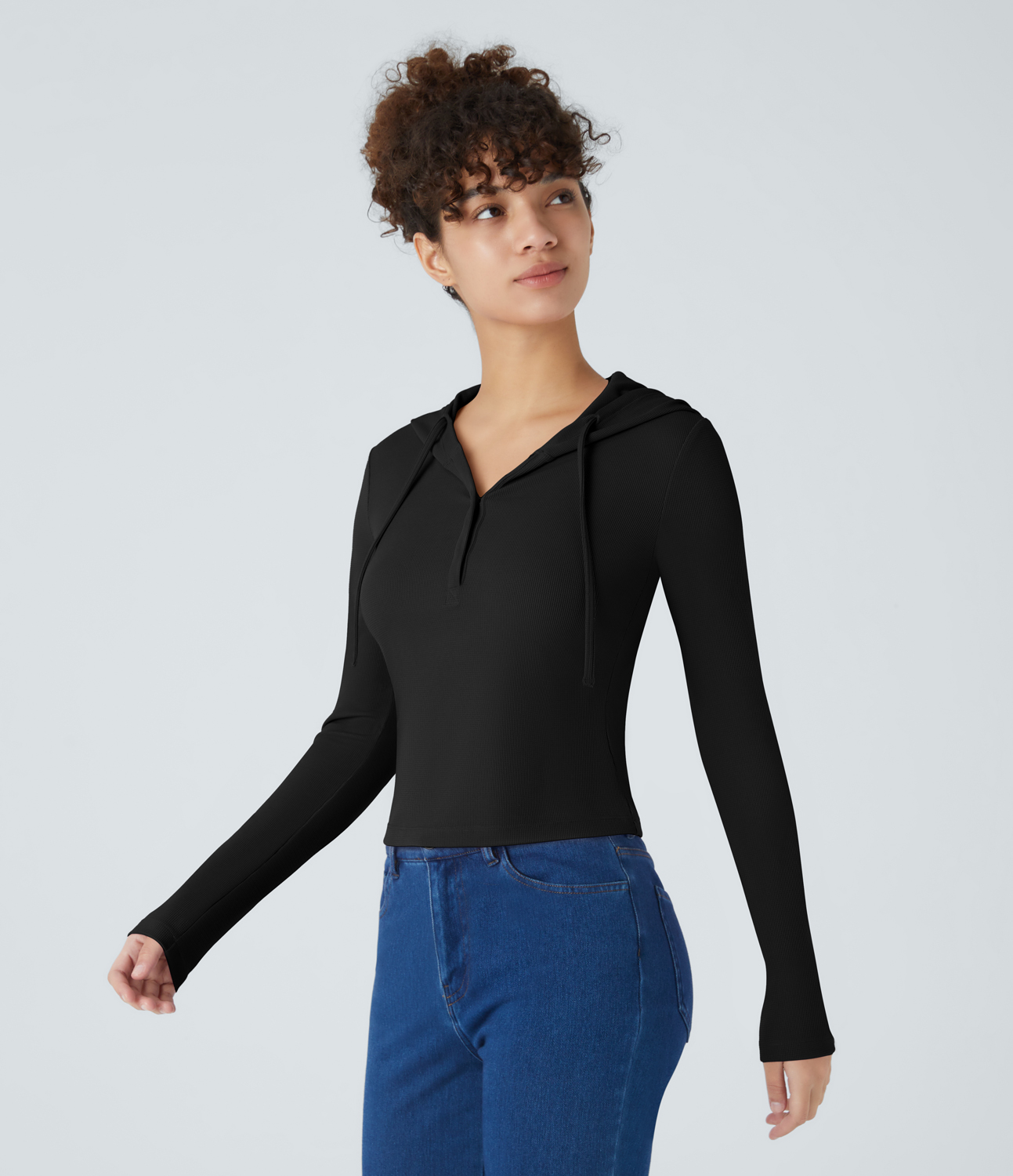 Halara Hooded Drawstring Button Front Long Sleeve Waffle Casual Sweatshirt  - Black - XS 